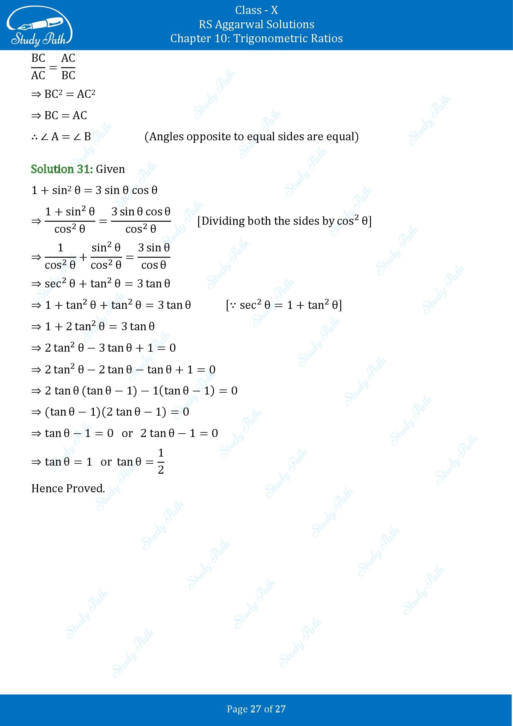 RS Aggarwal Solutions for Class 10 Chapter 10 Trigonometric Ratios Exercise 10 00027