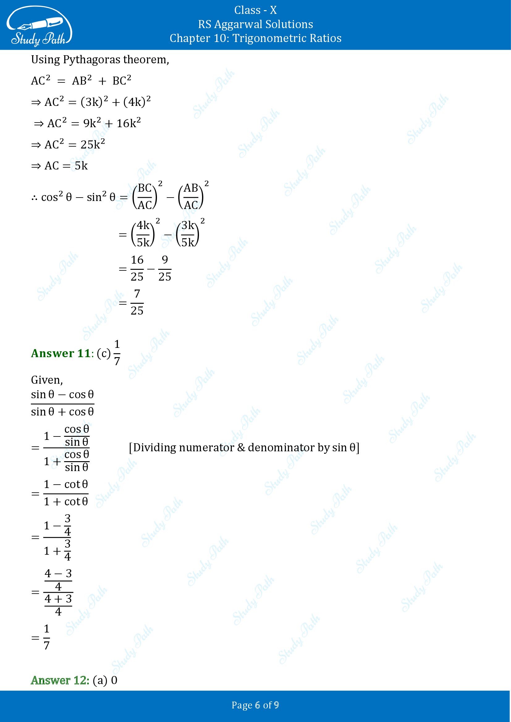 RS Aggarwal Solutions for Class 10 Chapter 10 Trigonometric Ratios Multiple Choice Questions 00006