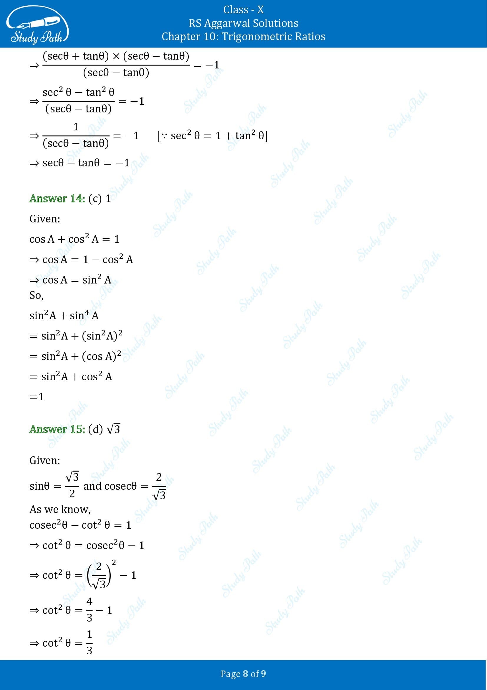 RS Aggarwal Solutions for Class 10 Chapter 10 Trigonometric Ratios Multiple Choice Questions 00008