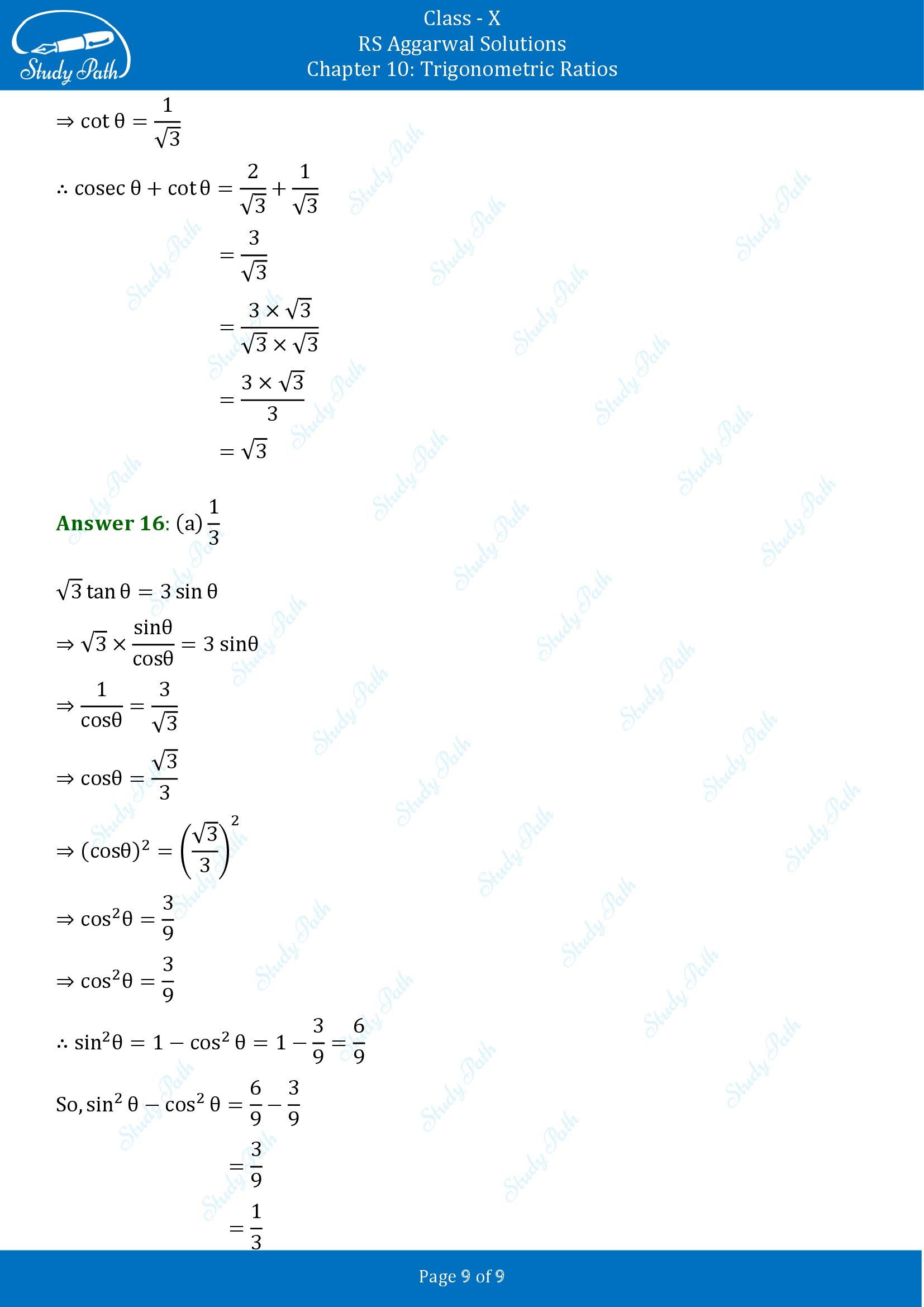 RS Aggarwal Solutions for Class 10 Chapter 10 Trigonometric Ratios Multiple Choice Questions 00009