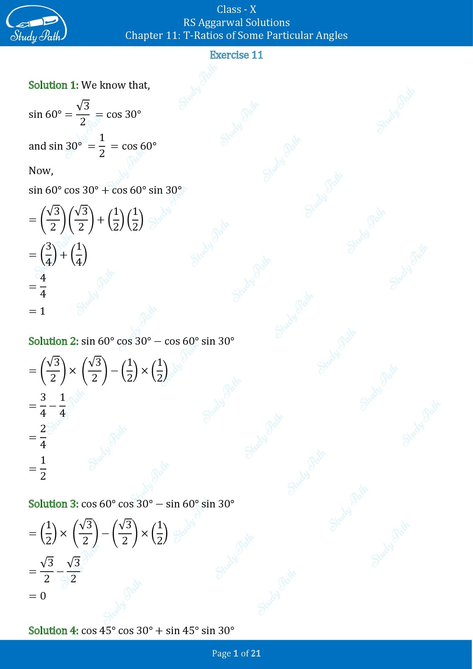 RS Aggarwal Solutions for Class 10 Chapter 11 T Ratios of Some Particular Angles Exercise 11 00001