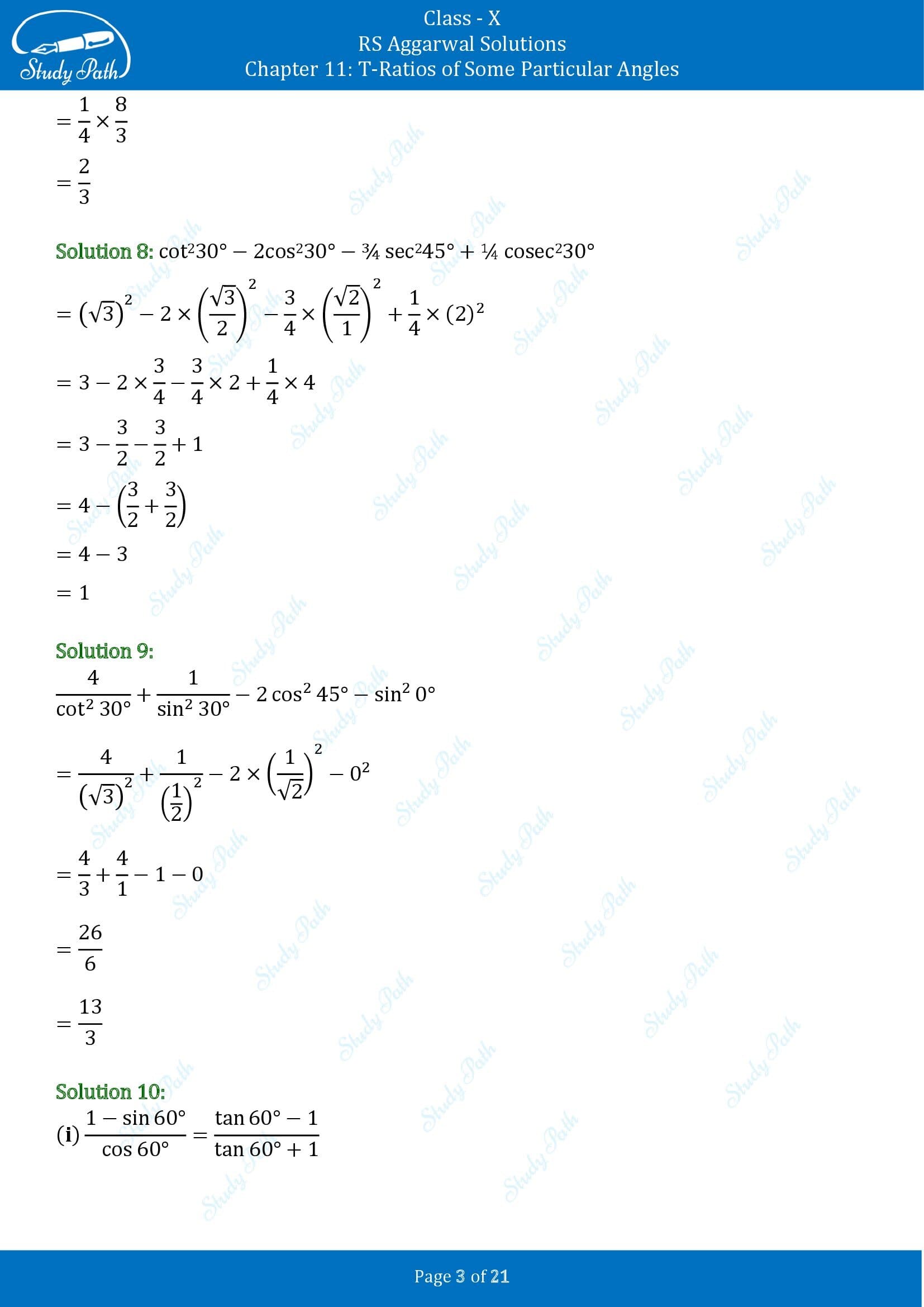 RS Aggarwal Solutions for Class 10 Chapter 11 T Ratios of Some Particular Angles Exercise 11 00003