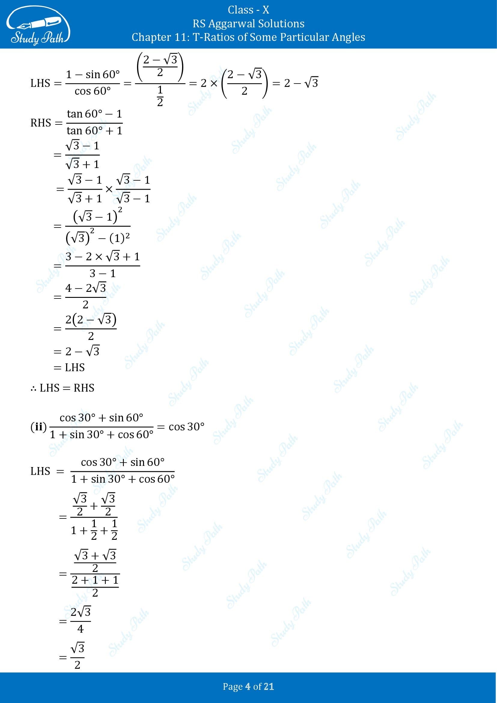 RS Aggarwal Solutions for Class 10 Chapter 11 T Ratios of Some Particular Angles Exercise 11 00004