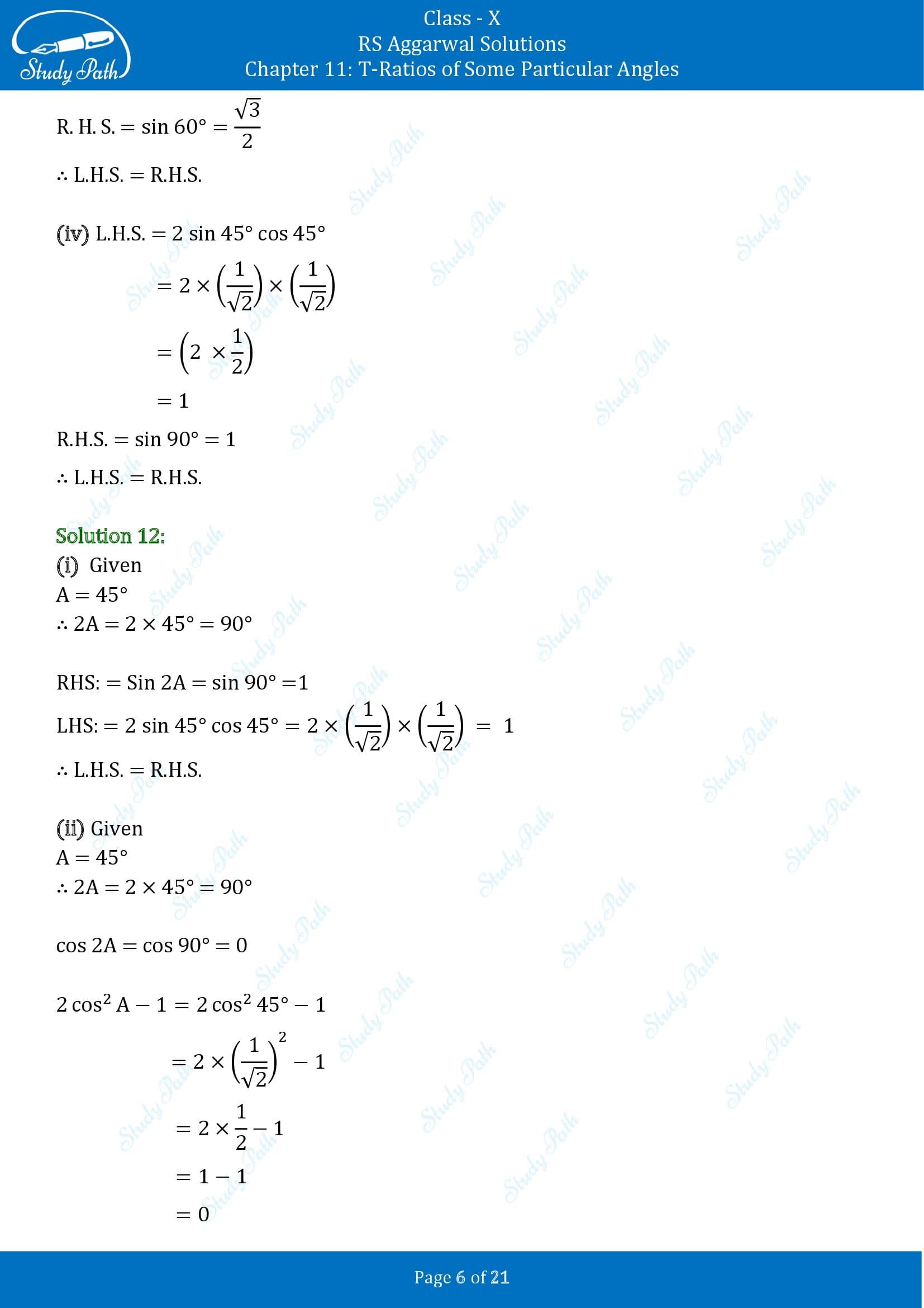 RS Aggarwal Solutions for Class 10 Chapter 11 T Ratios of Some Particular Angles Exercise 11 00006