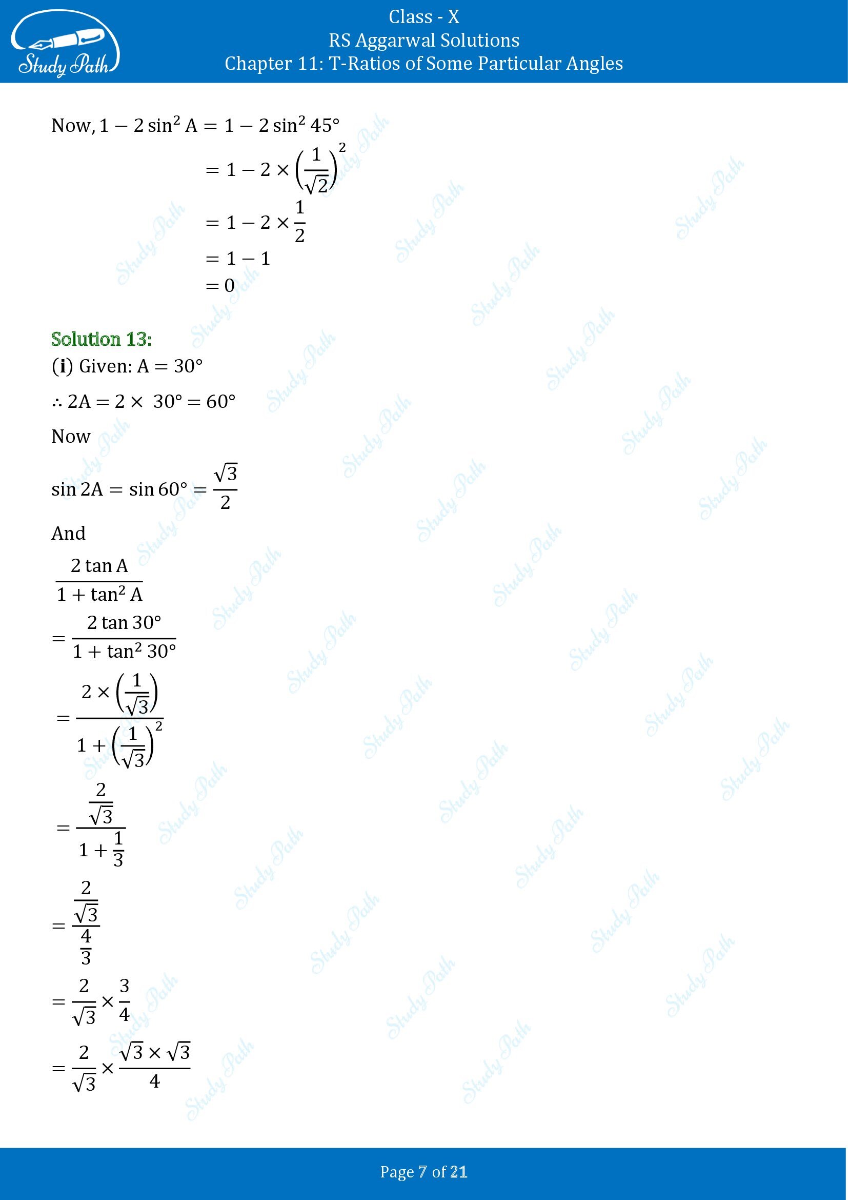 RS Aggarwal Solutions for Class 10 Chapter 11 T Ratios of Some Particular Angles Exercise 11 00007