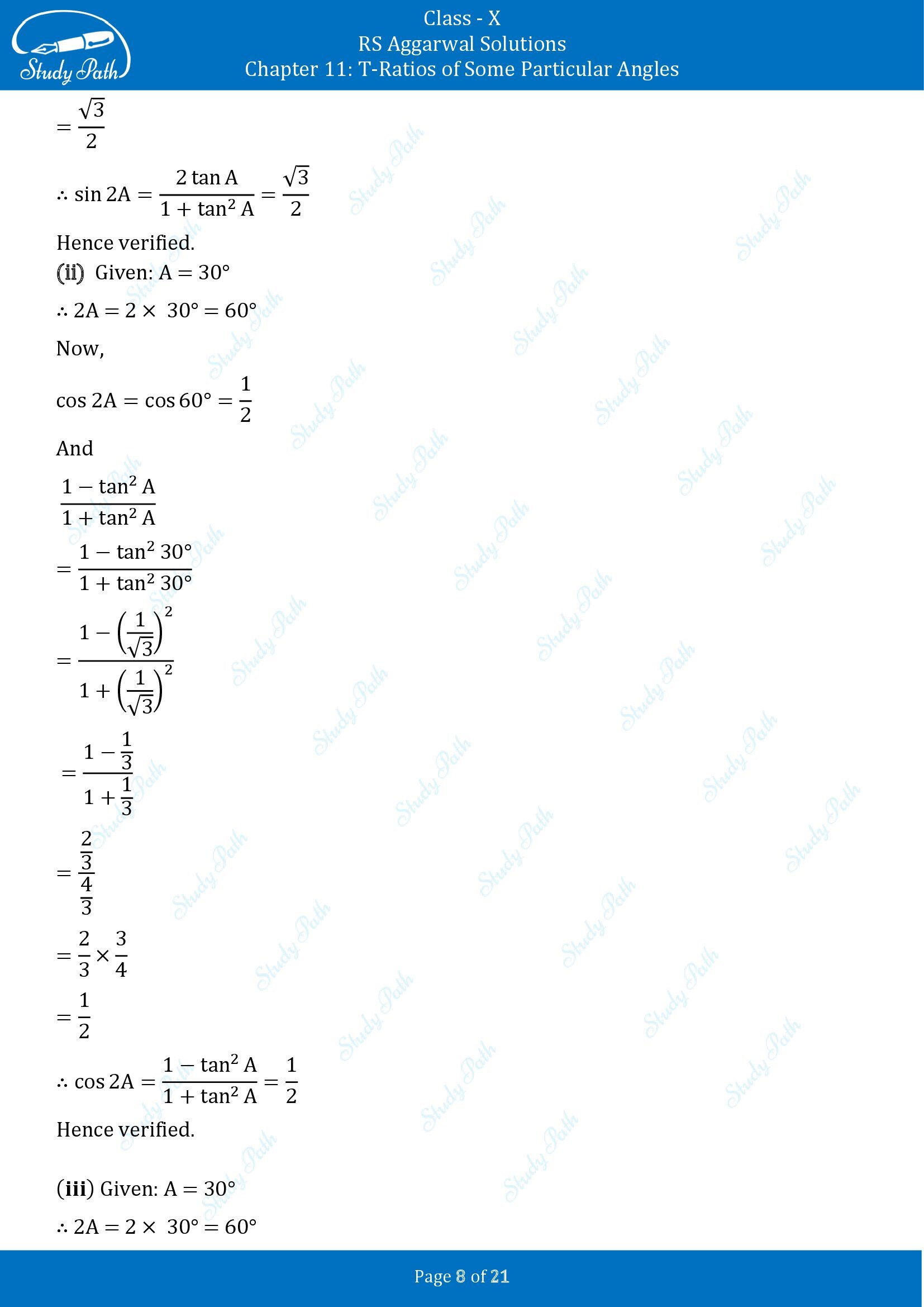 RS Aggarwal Solutions for Class 10 Chapter 11 T Ratios of Some Particular Angles Exercise 11 00008