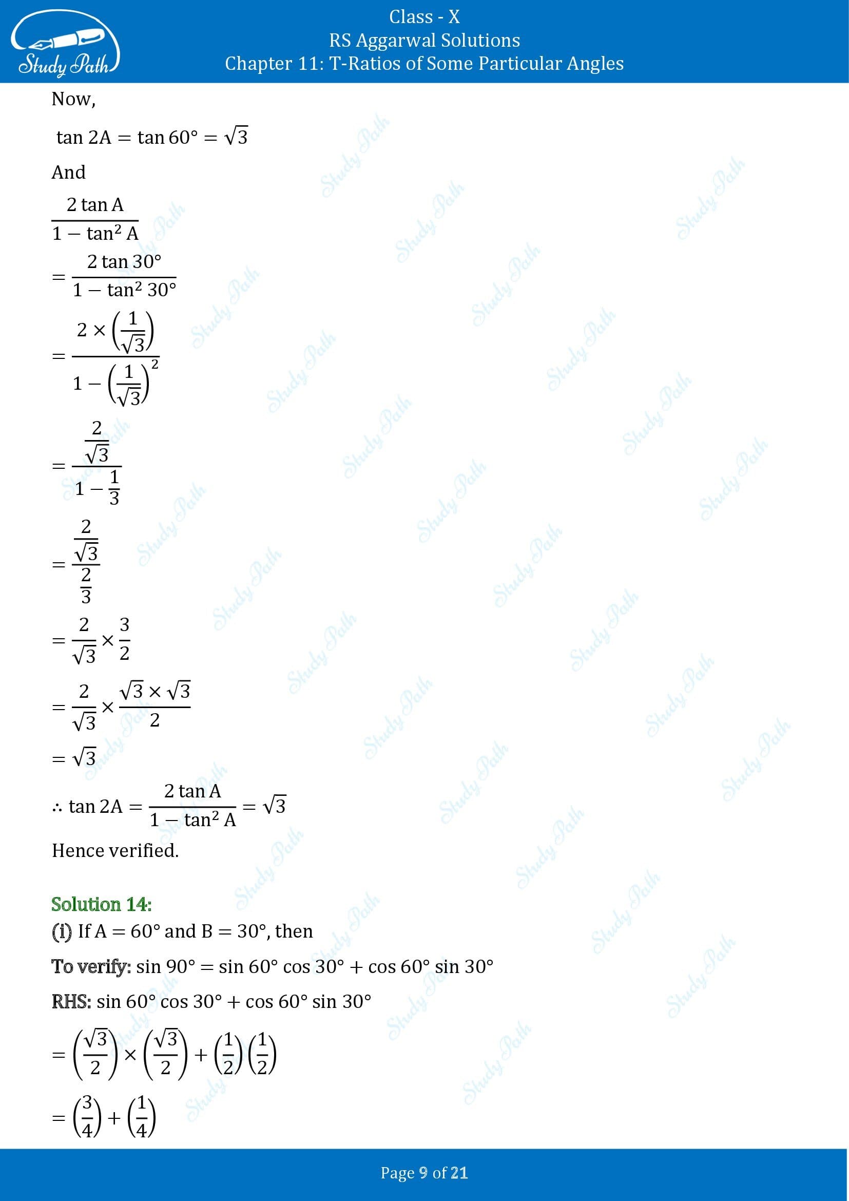 RS Aggarwal Solutions for Class 10 Chapter 11 T Ratios of Some Particular Angles Exercise 11 00009