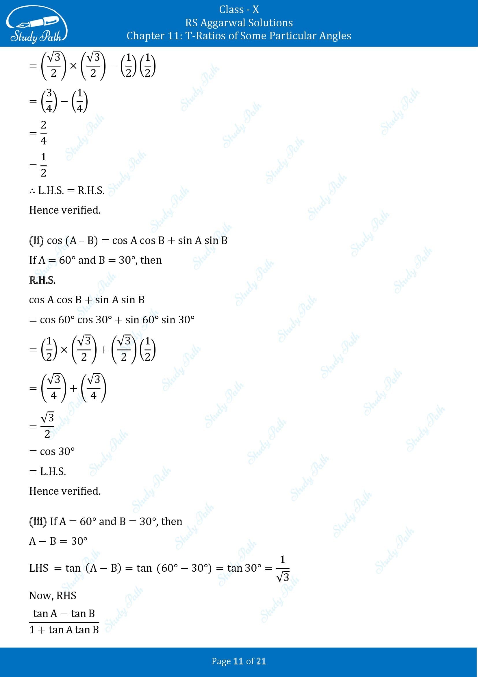 RS Aggarwal Solutions for Class 10 Chapter 11 T Ratios of Some Particular Angles Exercise 11 00011