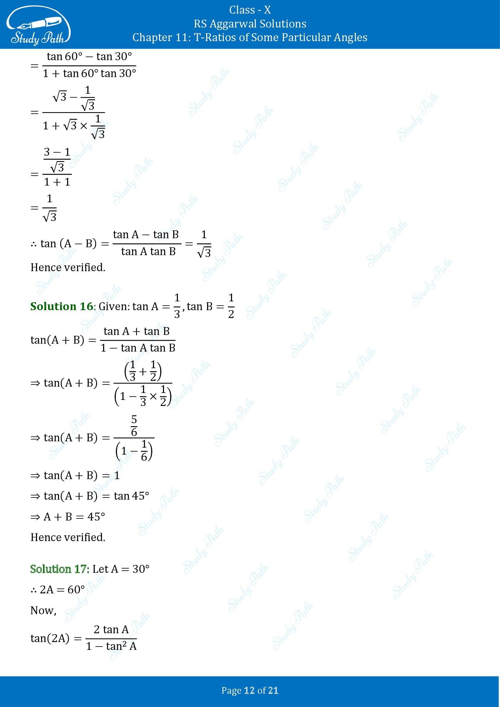 RS Aggarwal Solutions for Class 10 Chapter 11 T Ratios of Some Particular Angles Exercise 11 00012