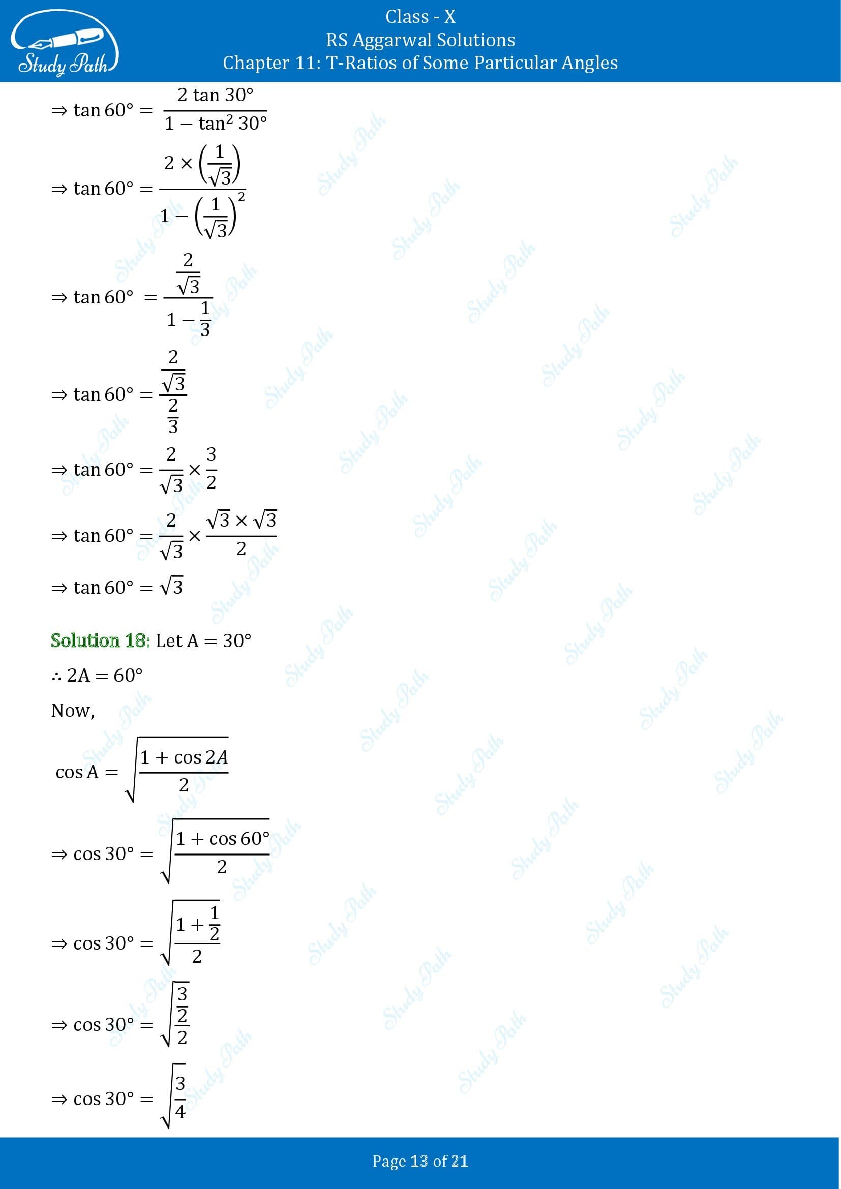 RS Aggarwal Solutions for Class 10 Chapter 11 T Ratios of Some Particular Angles Exercise 11 00013