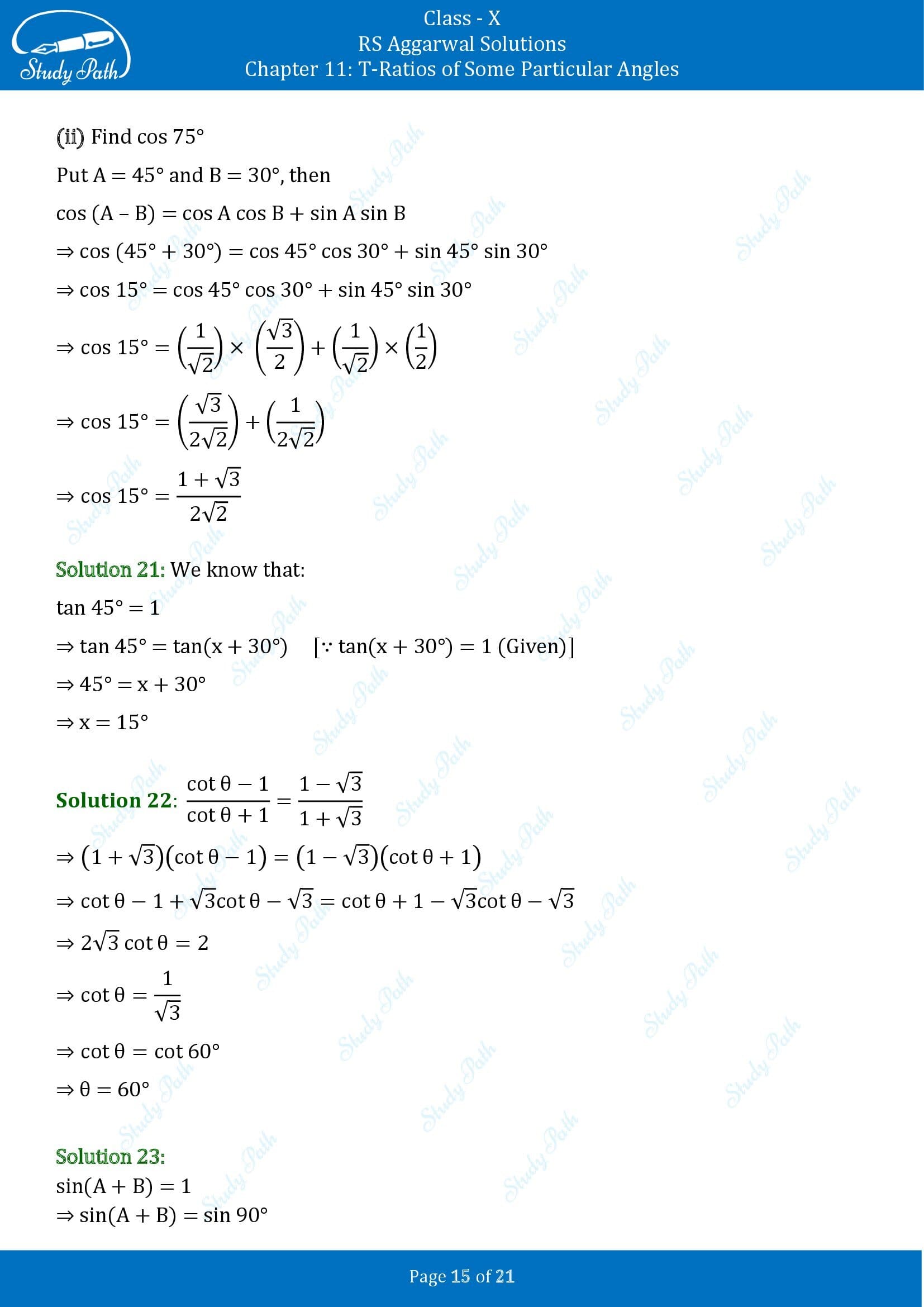 RS Aggarwal Solutions for Class 10 Chapter 11 T Ratios of Some Particular Angles Exercise 11 00015