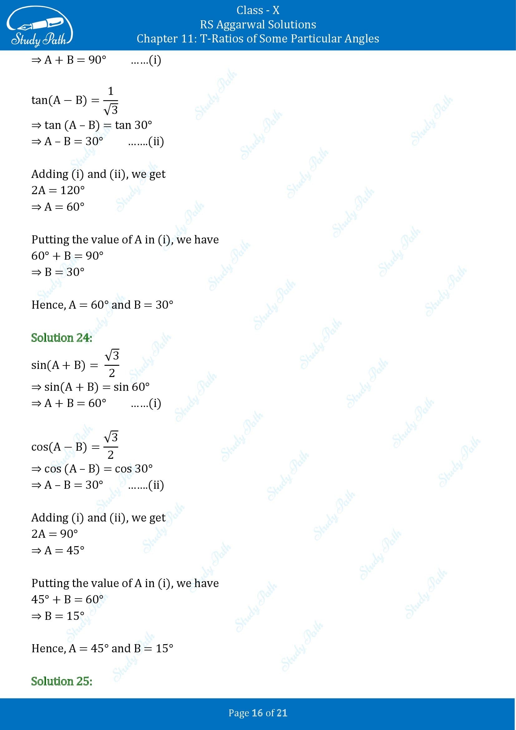 RS Aggarwal Solutions for Class 10 Chapter 11 T Ratios of Some Particular Angles Exercise 11 00016