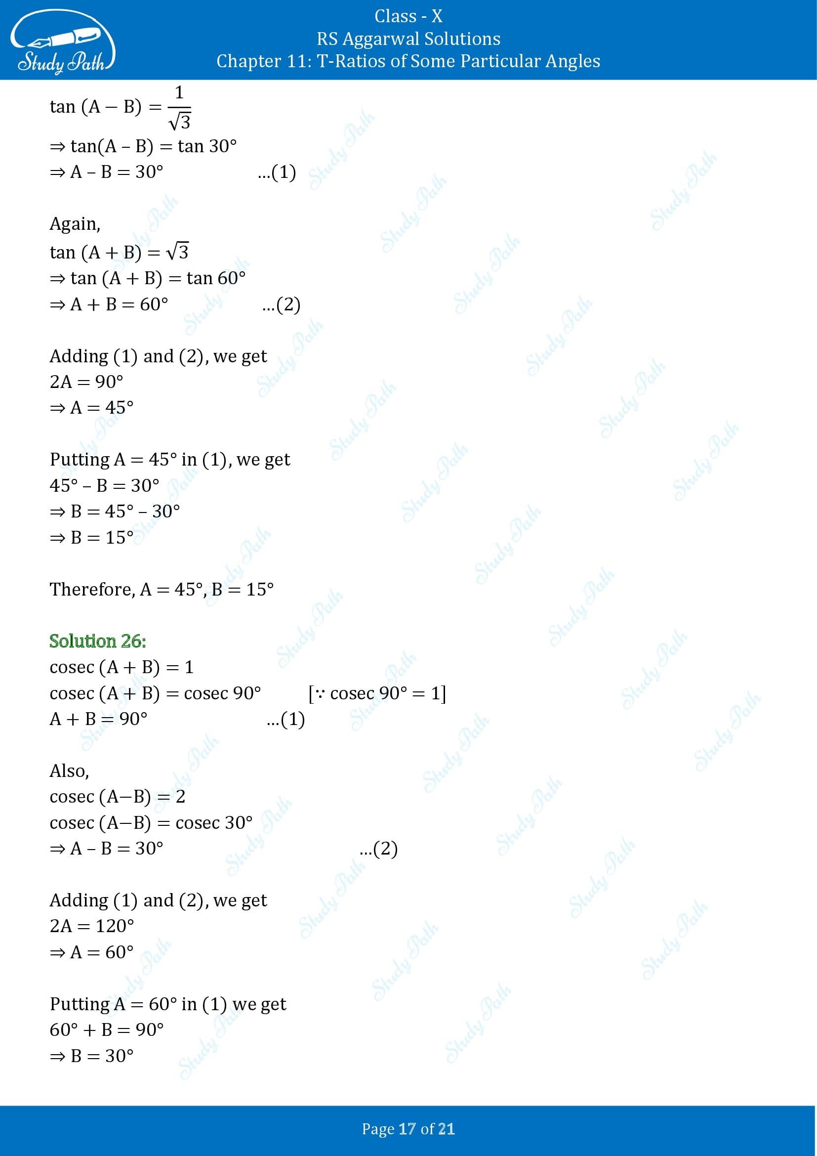 RS Aggarwal Solutions for Class 10 Chapter 11 T Ratios of Some Particular Angles Exercise 11 00017