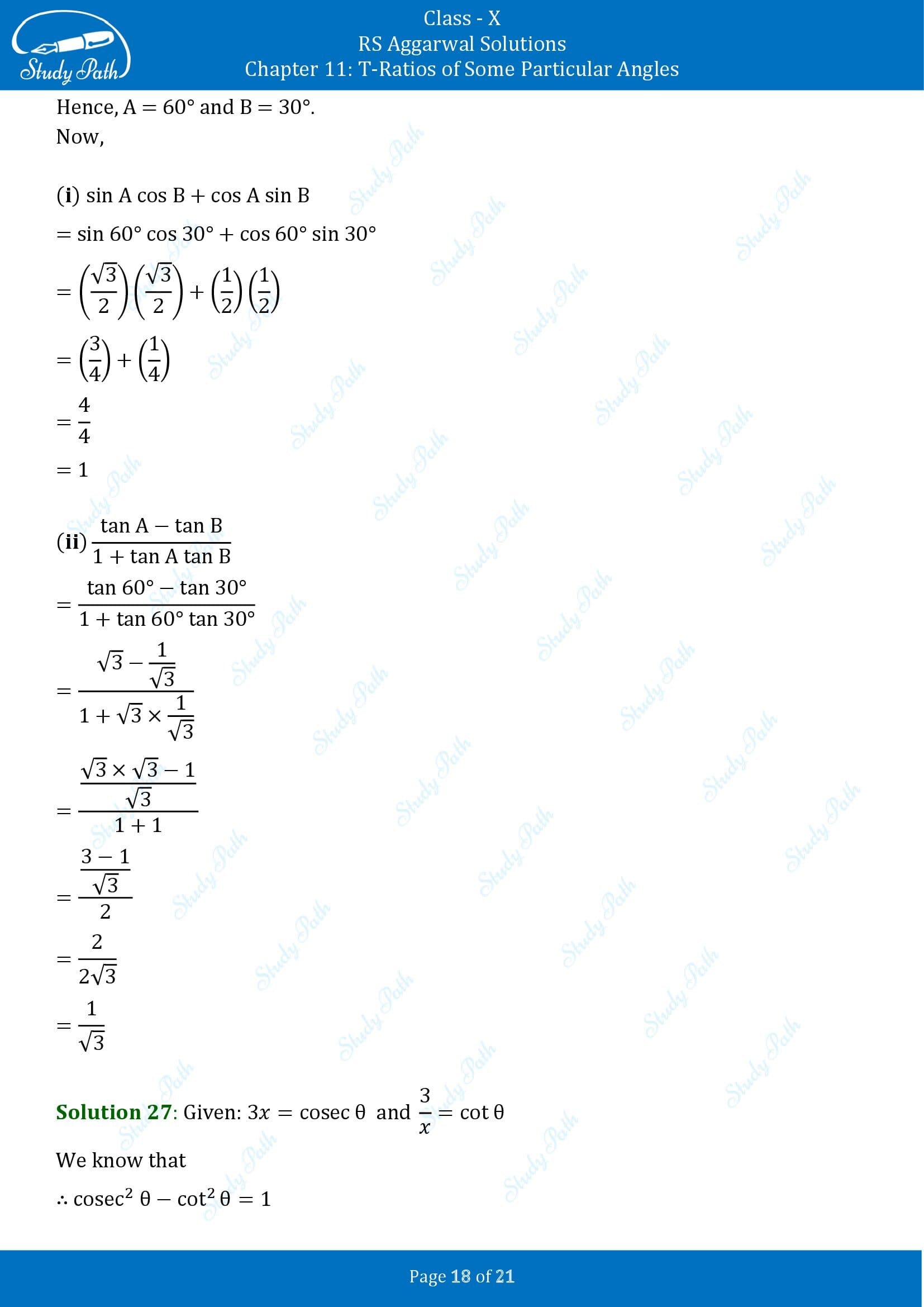 RS Aggarwal Solutions for Class 10 Chapter 11 T Ratios of Some Particular Angles Exercise 11 00018