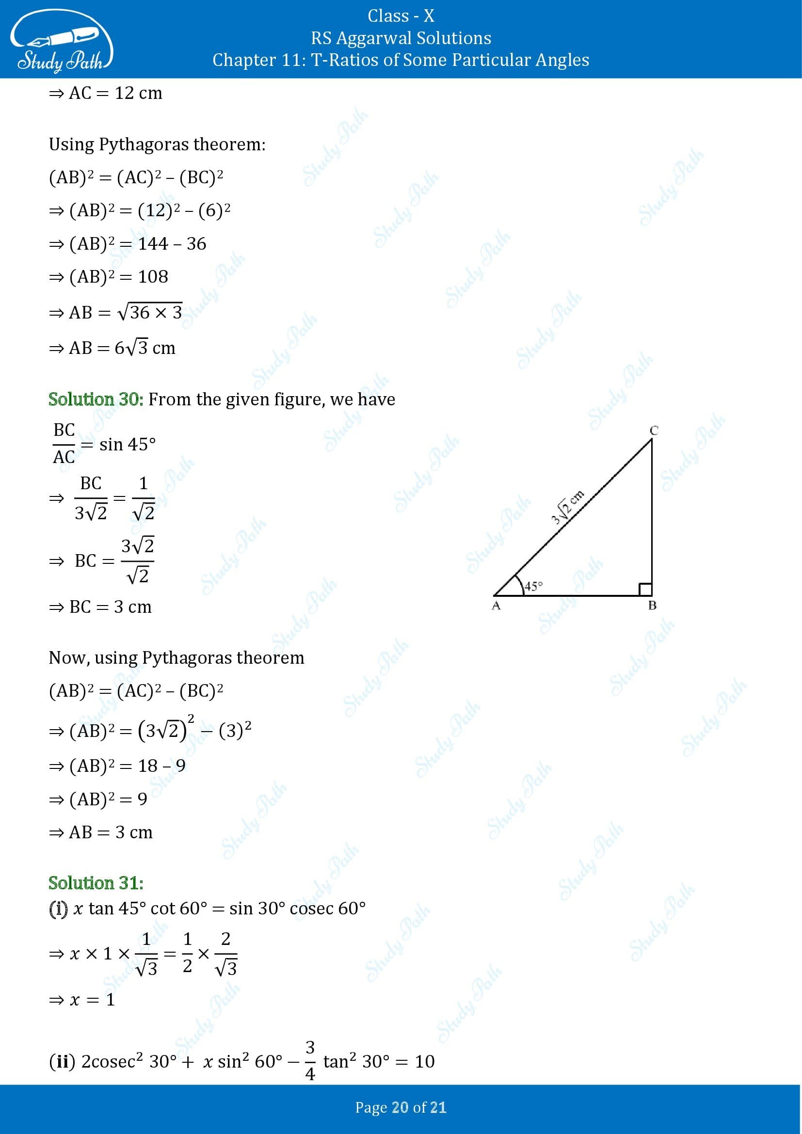 RS Aggarwal Solutions for Class 10 Chapter 11 T Ratios of Some Particular Angles Exercise 11 00020