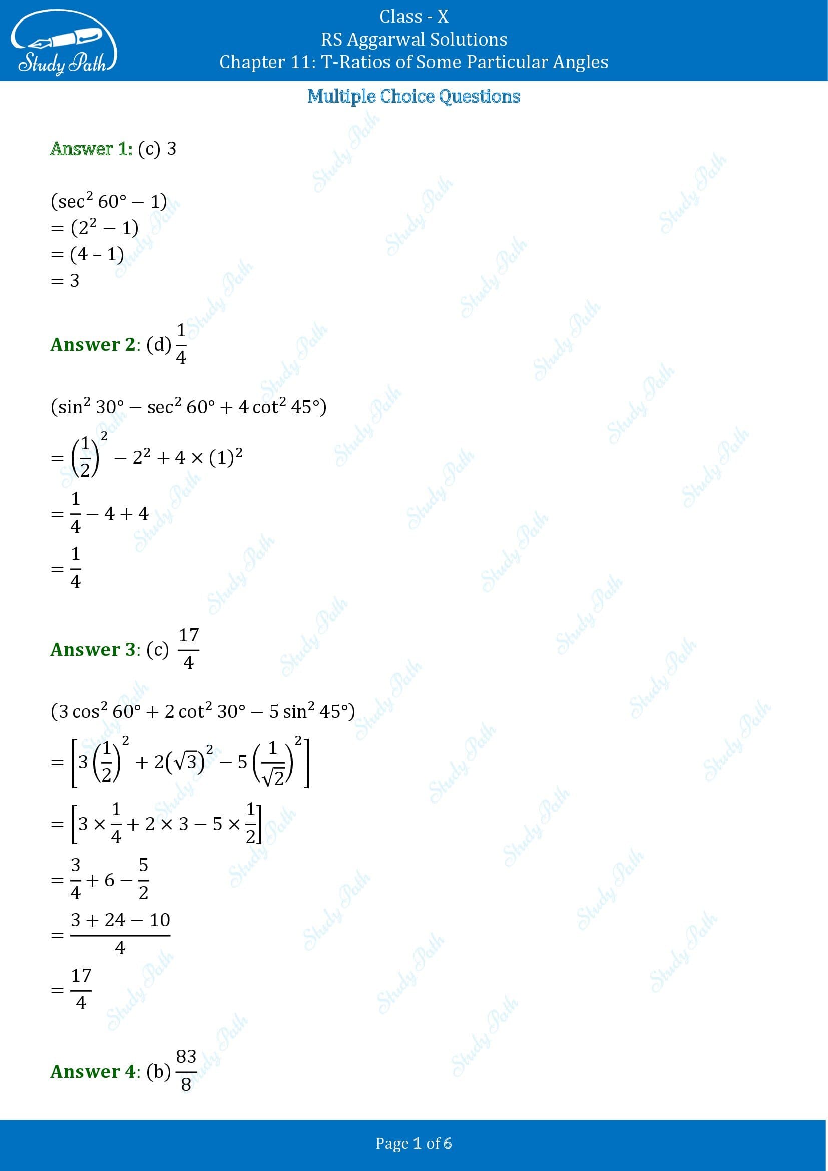 RS Aggarwal Solutions for Class 10 Chapter 11 T Ratios of Some Particular Angles Multiple Choice Questions 00001