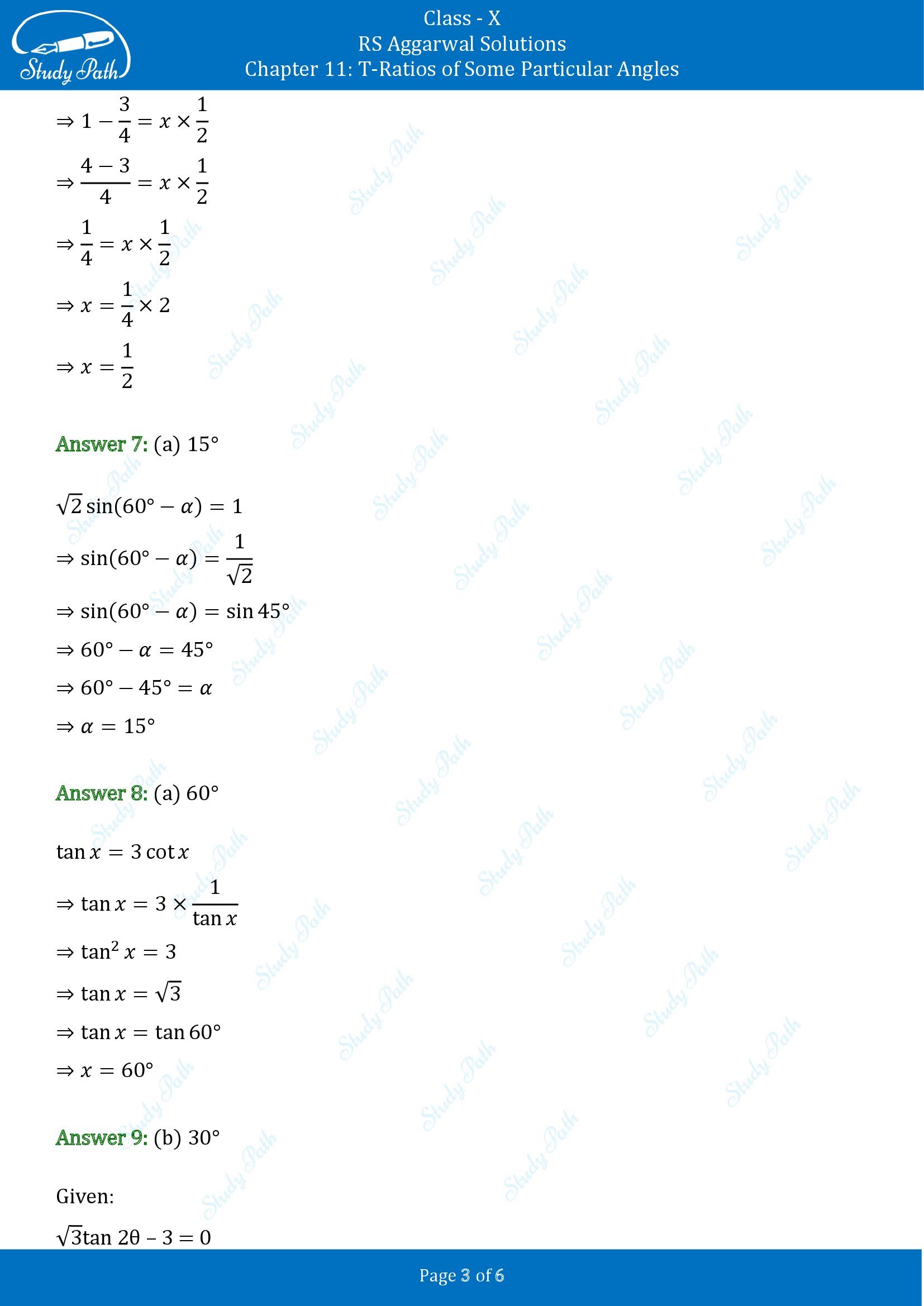 RS Aggarwal Solutions for Class 10 Chapter 11 T Ratios of Some Particular Angles Multiple Choice Questions 00003