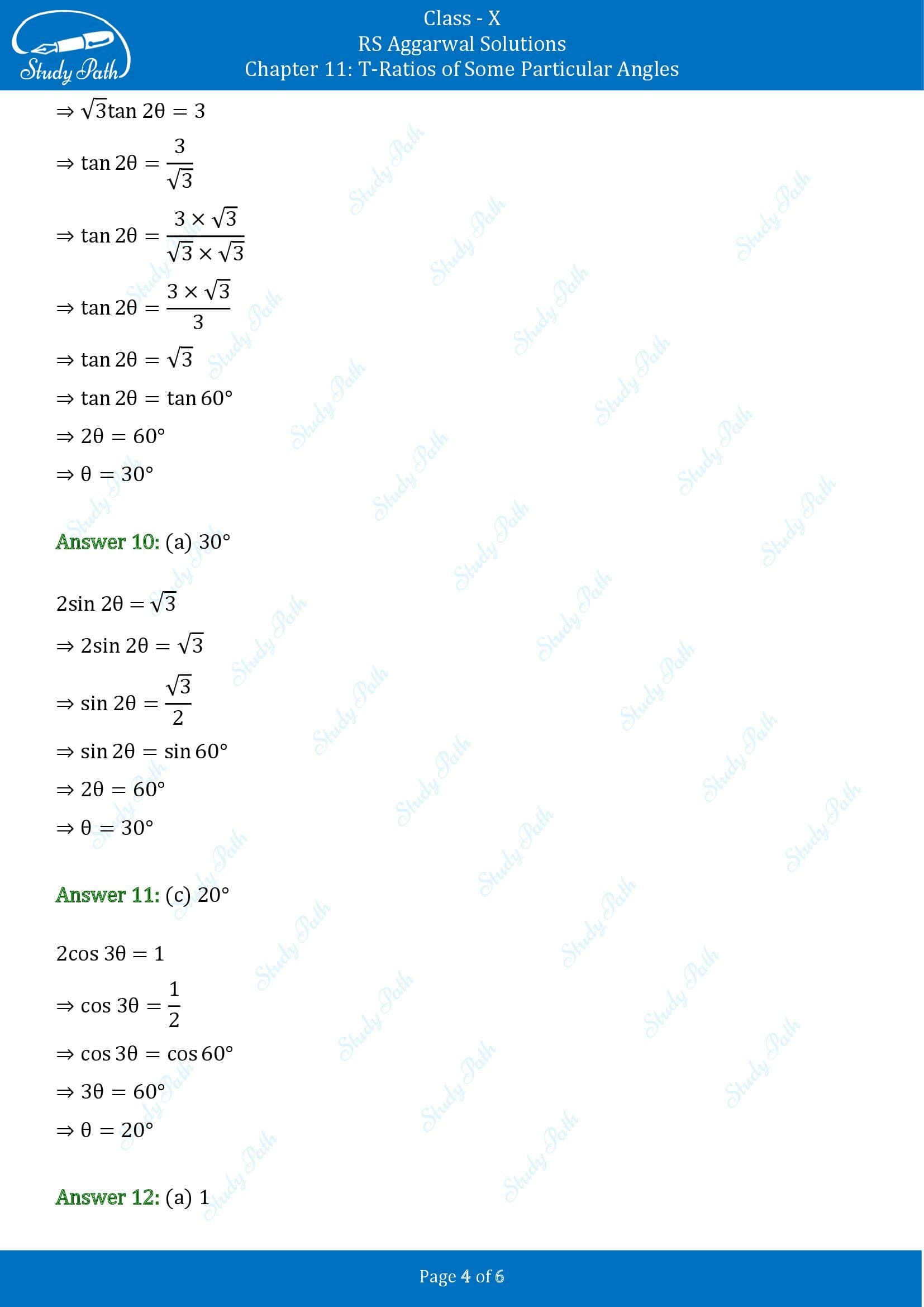 RS Aggarwal Solutions for Class 10 Chapter 11 T Ratios of Some Particular Angles Multiple Choice Questions 00004