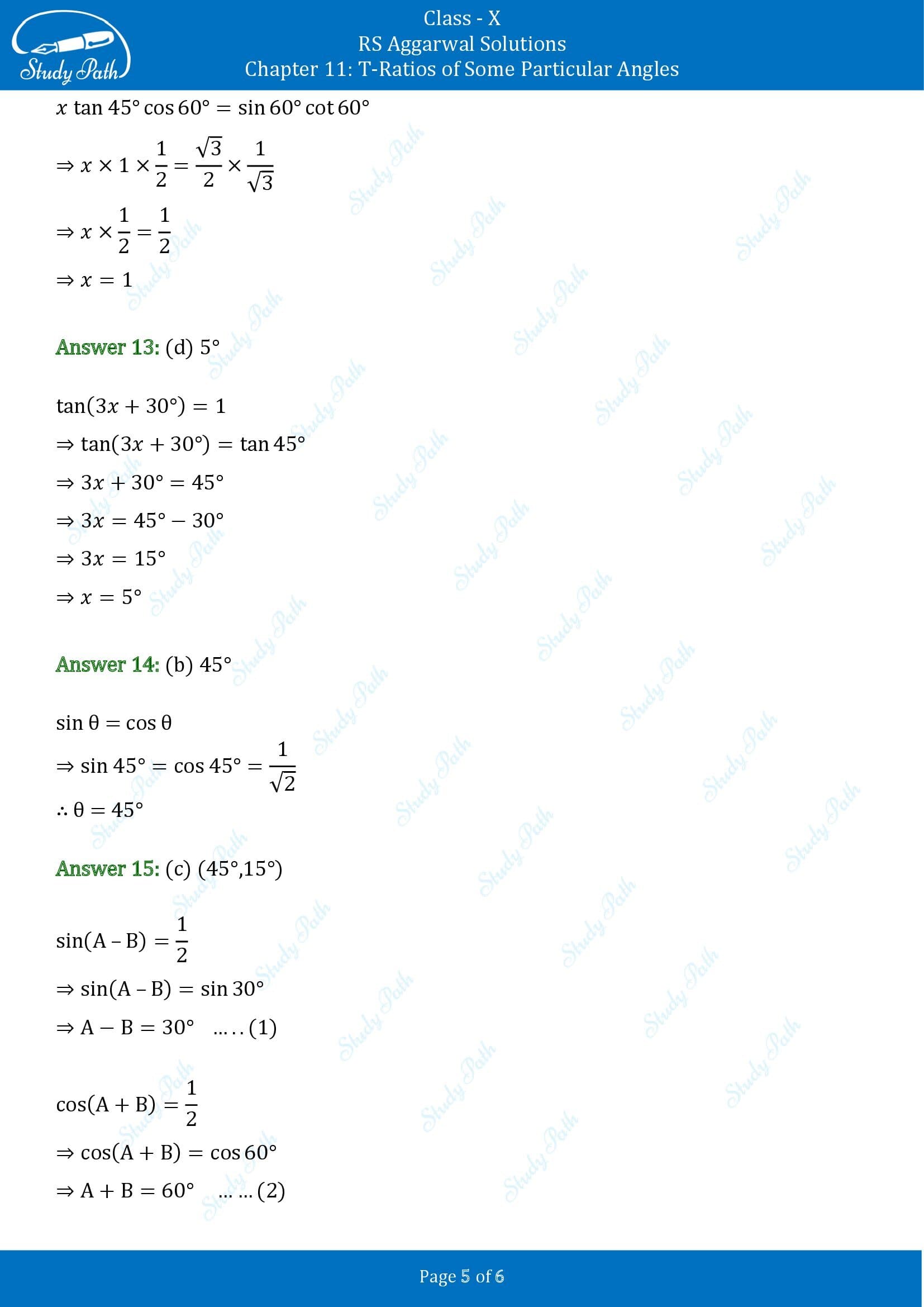 RS Aggarwal Solutions for Class 10 Chapter 11 T Ratios of Some Particular Angles Multiple Choice Questions 00005