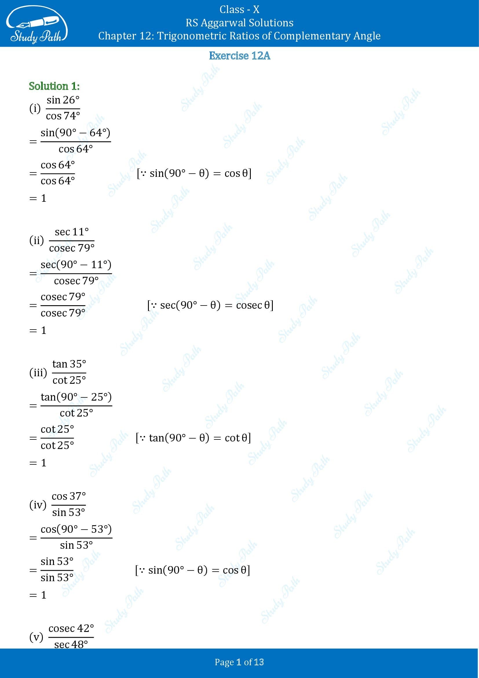 RS Aggarwal Solutions for Class 10 Chapter 12 Trigonometric Ratios of Some Complementary Angles Exercise 12 00001