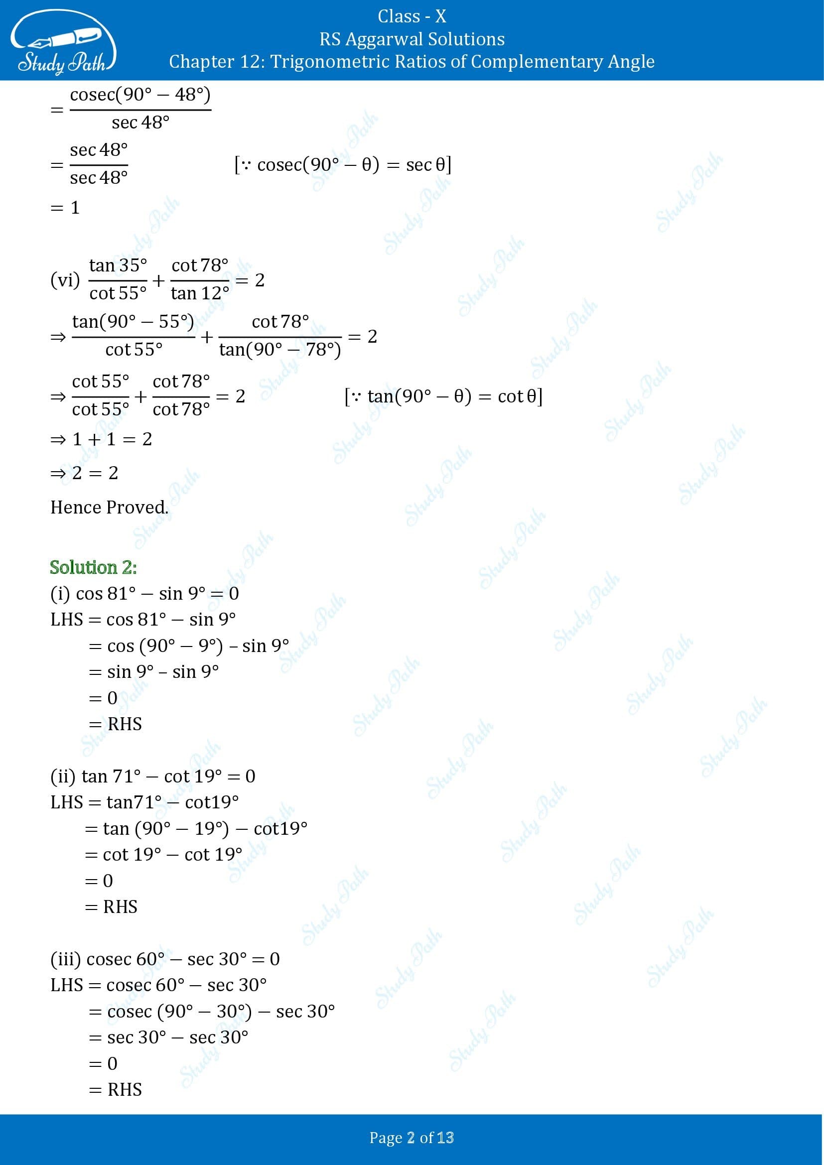 RS Aggarwal Solutions for Class 10 Chapter 12 Trigonometric Ratios of Some Complementary Angles Exercise 12 00002