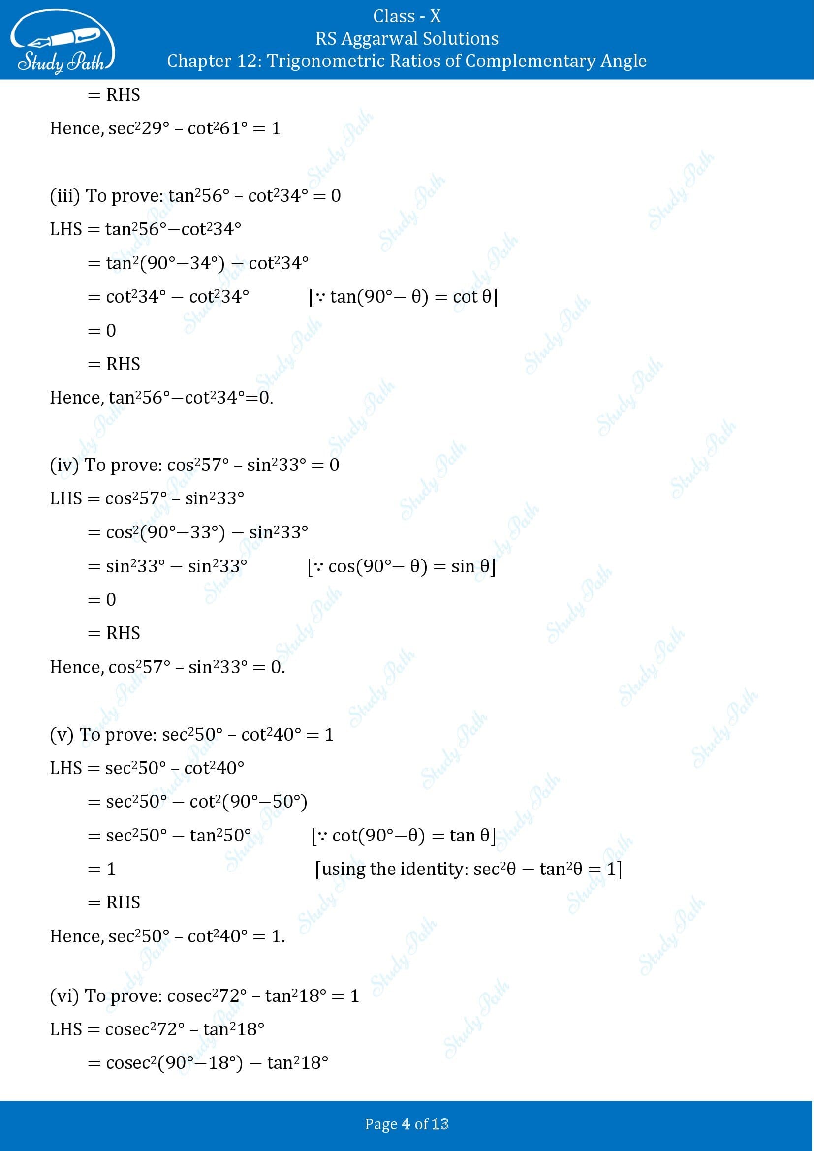 RS Aggarwal Solutions for Class 10 Chapter 12 Trigonometric Ratios of Some Complementary Angles Exercise 12 00004