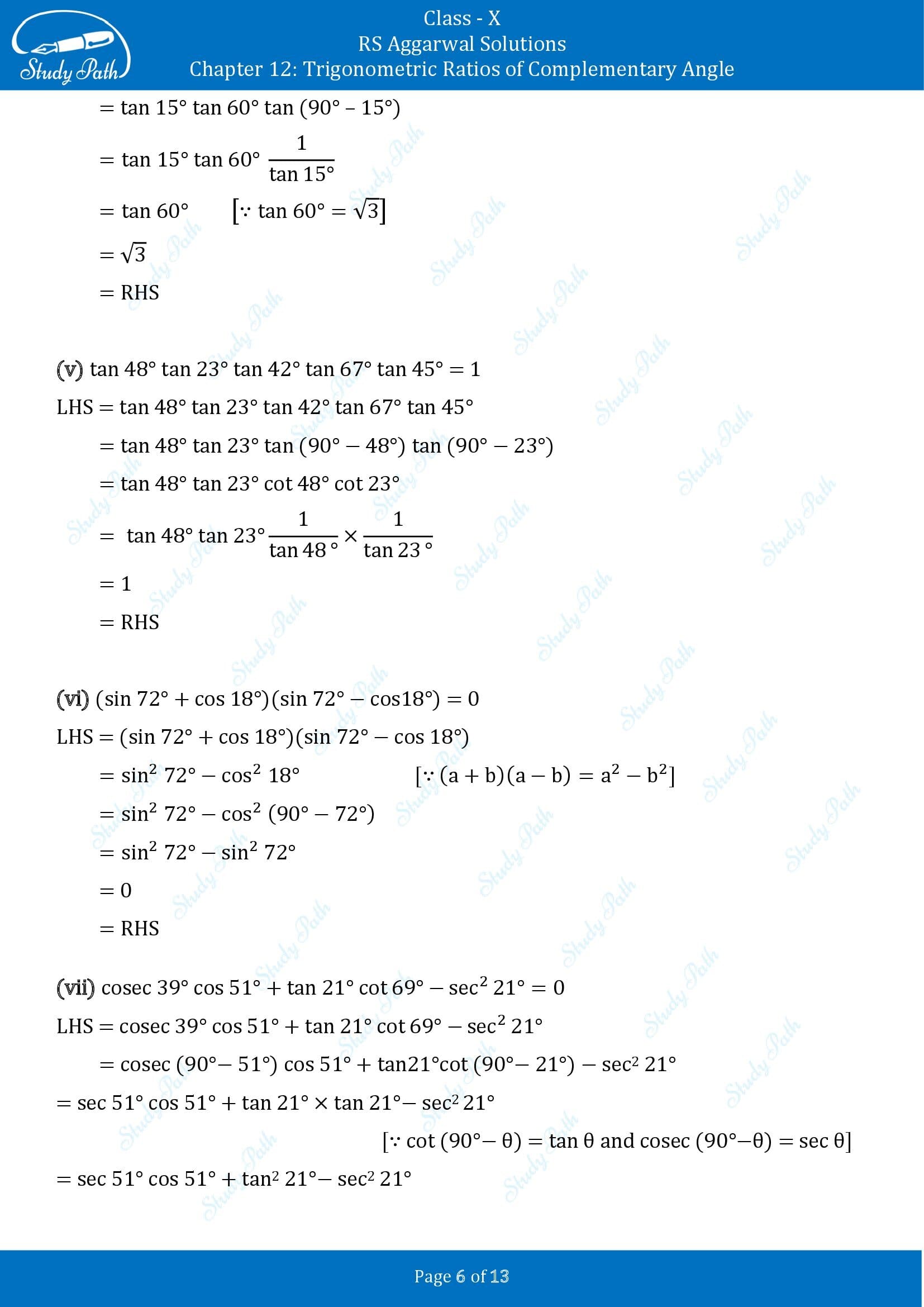 RS Aggarwal Solutions for Class 10 Chapter 12 Trigonometric Ratios of Some Complementary Angles Exercise 12 00006