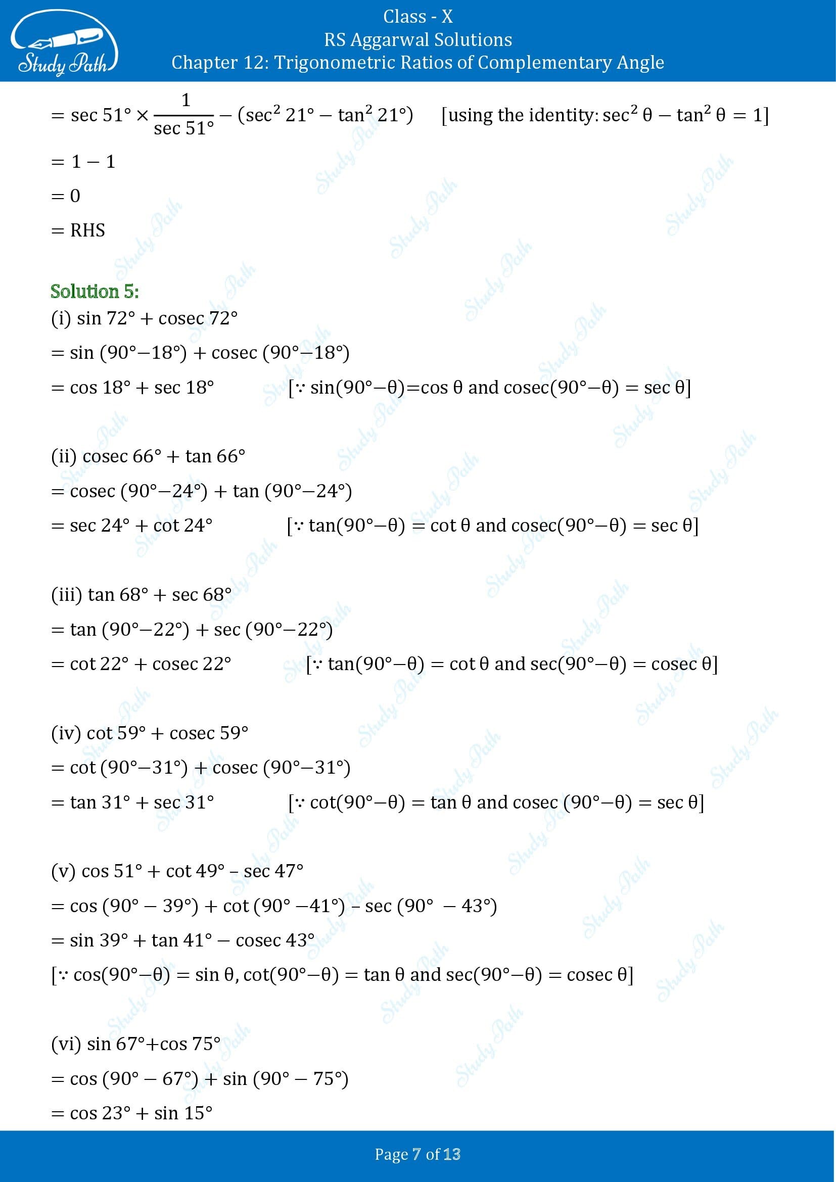 RS Aggarwal Solutions for Class 10 Chapter 12 Trigonometric Ratios of Some Complementary Angles Exercise 12 00007