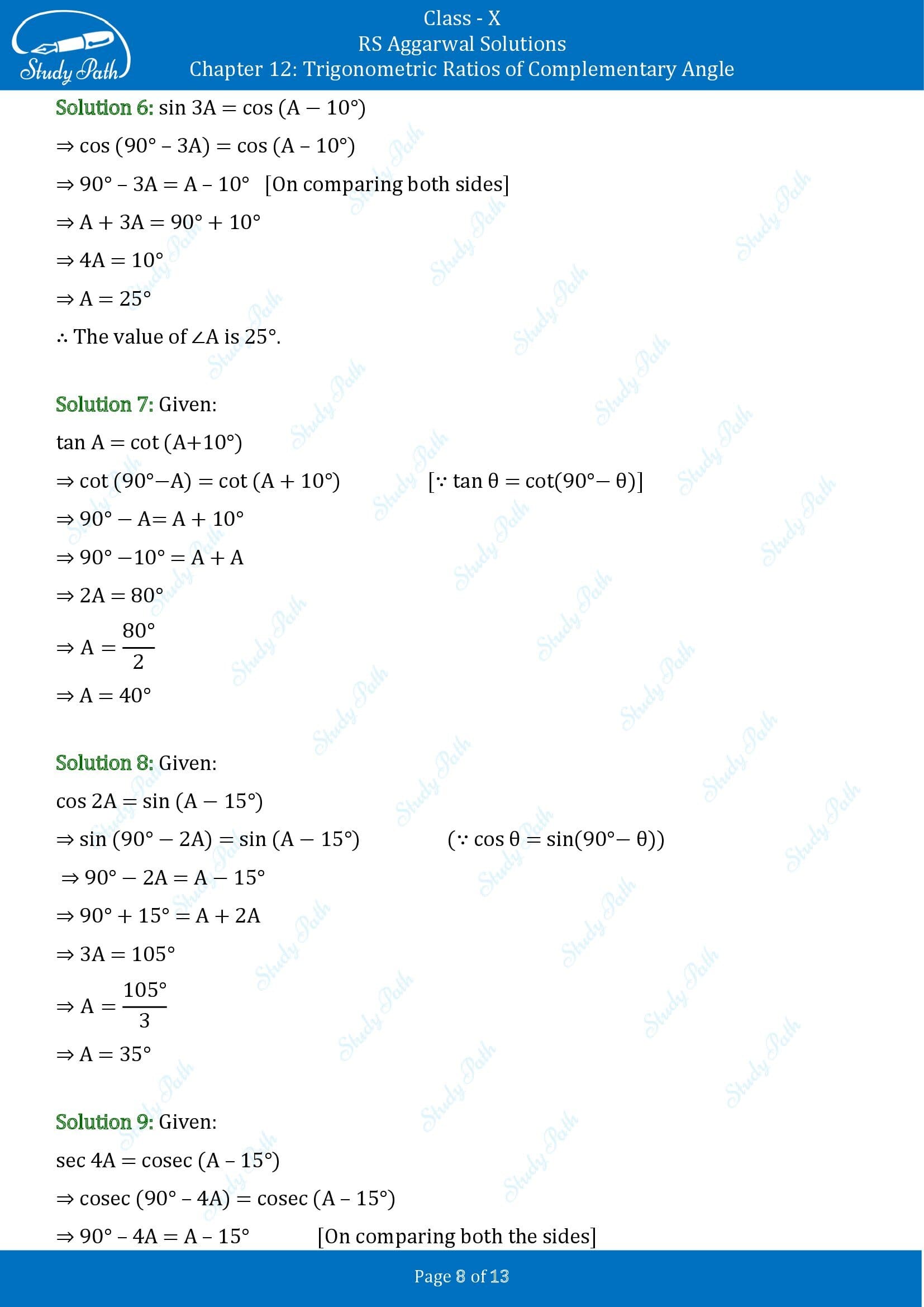 RS Aggarwal Solutions for Class 10 Chapter 12 Trigonometric Ratios of Some Complementary Angles Exercise 12 00008