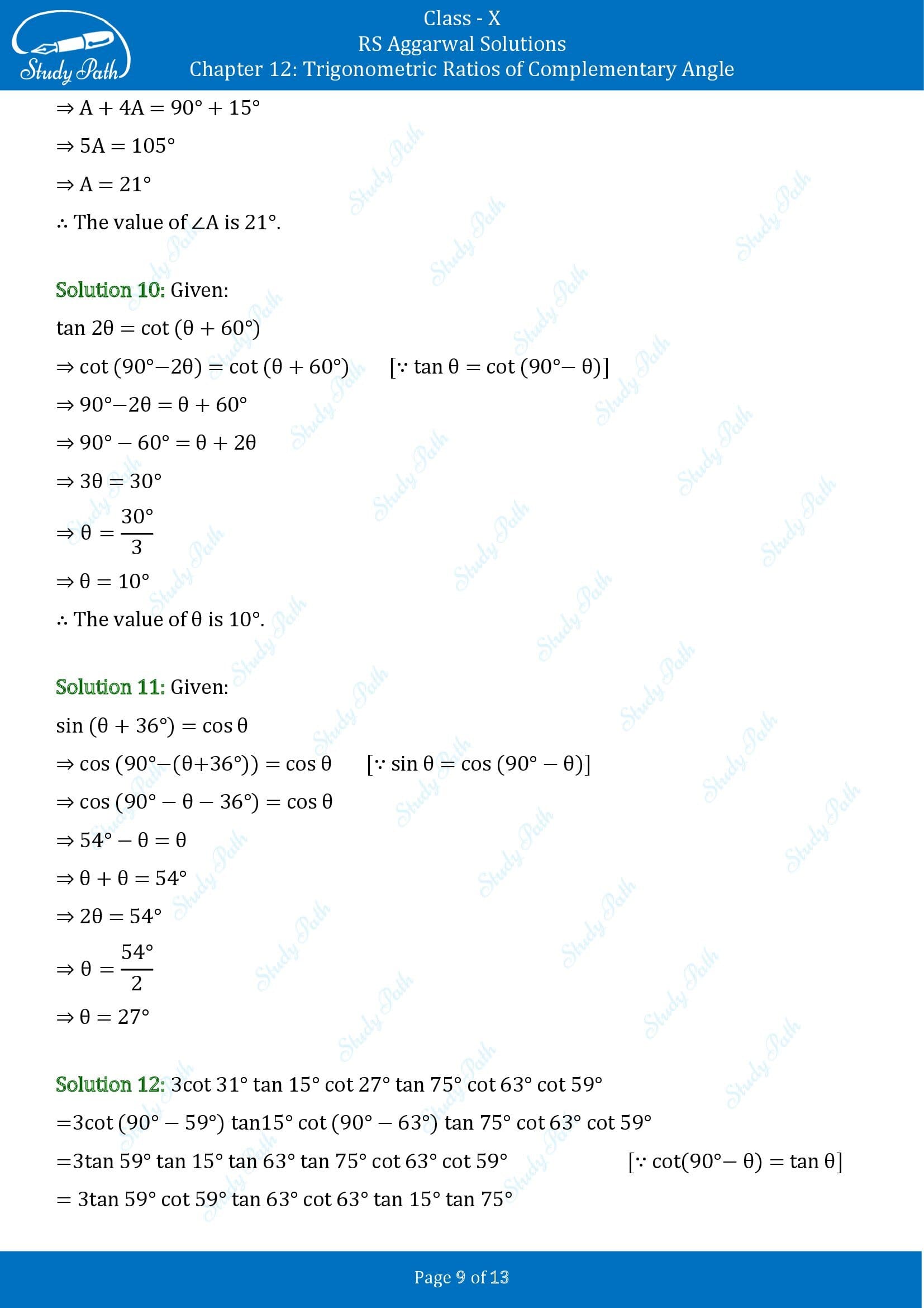 RS Aggarwal Solutions for Class 10 Chapter 12 Trigonometric Ratios of Some Complementary Angles Exercise 12 00009