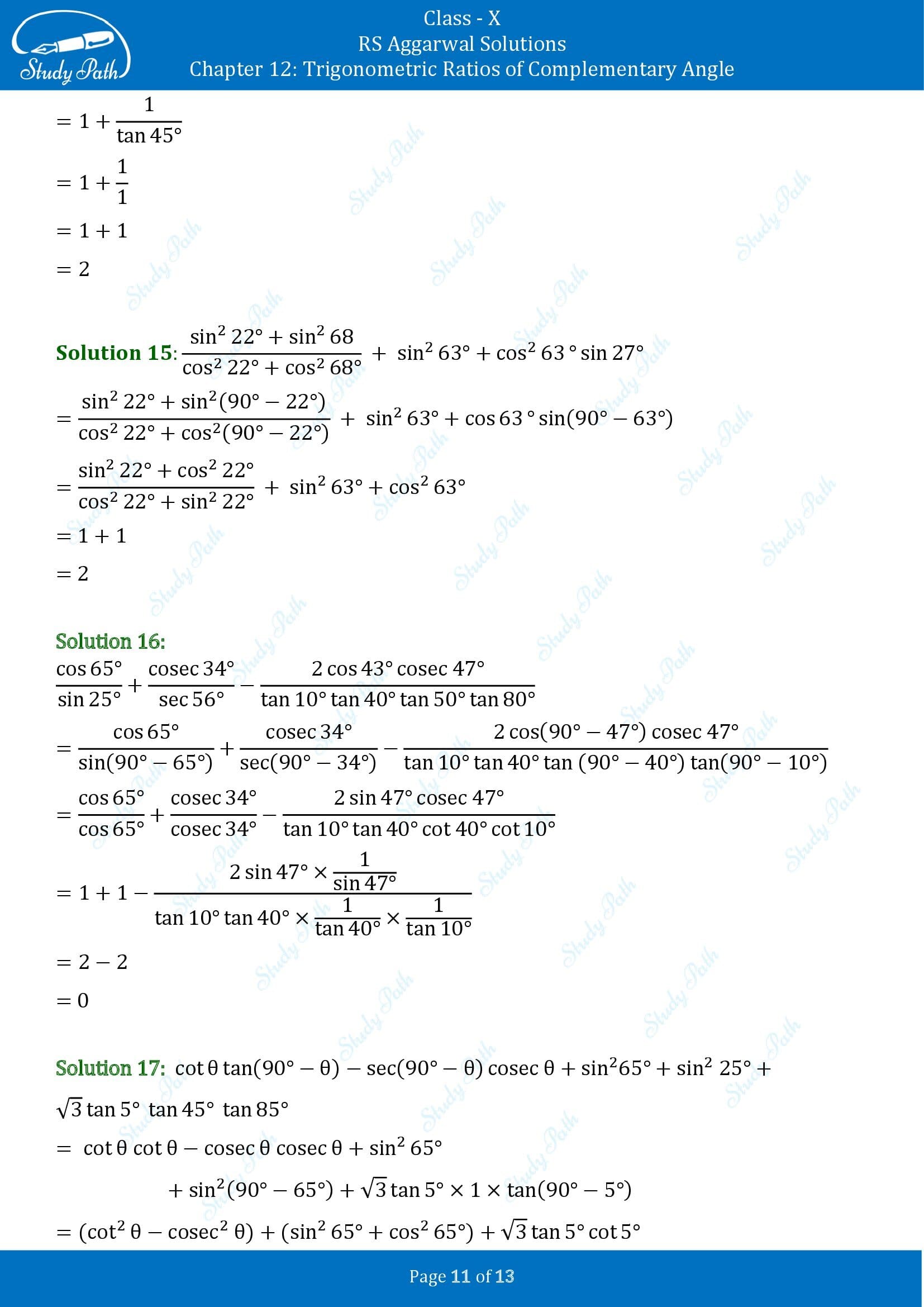 RS Aggarwal Solutions for Class 10 Chapter 12 Trigonometric Ratios of Some Complementary Angles Exercise 12 00011