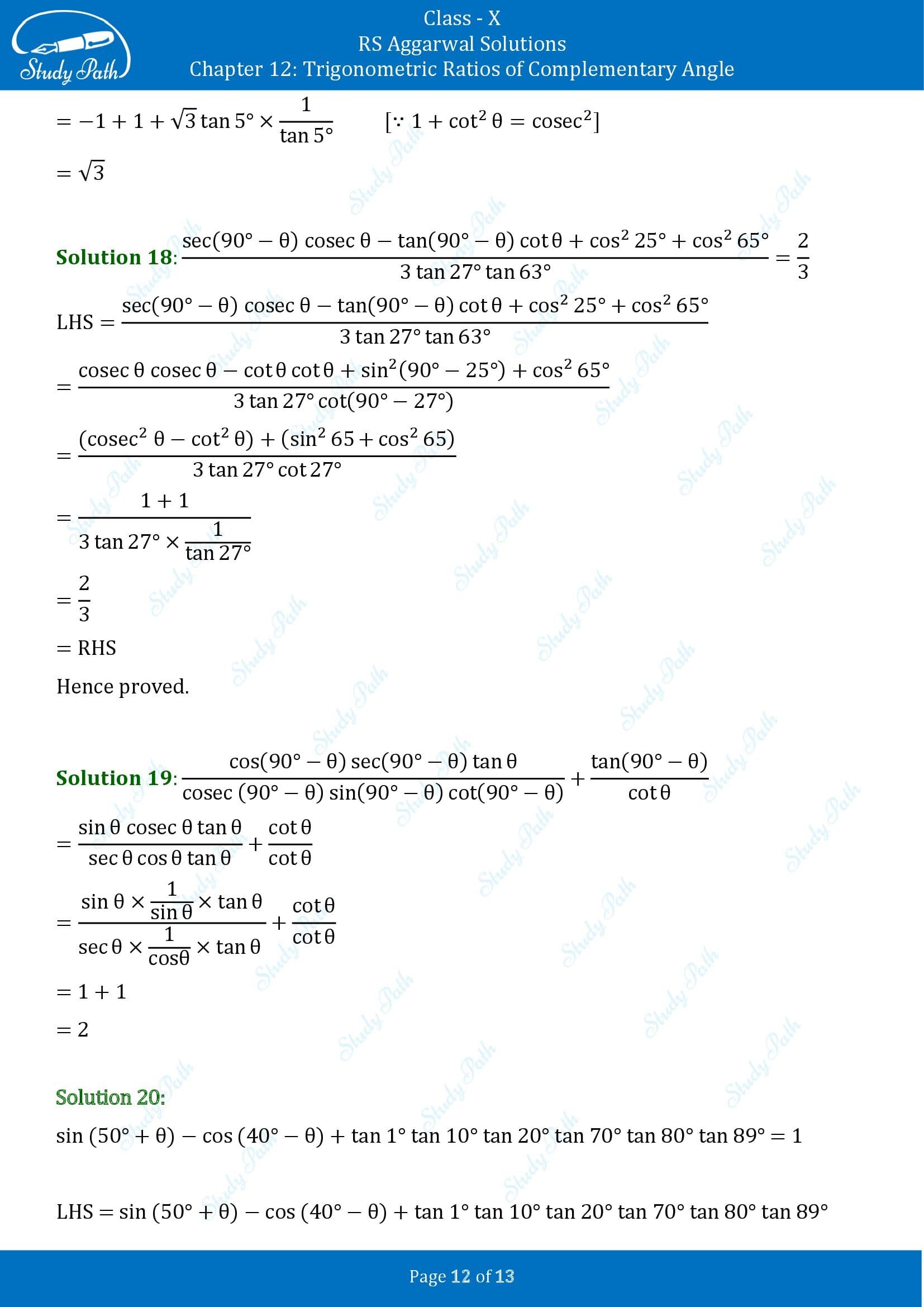 RS Aggarwal Solutions for Class 10 Chapter 12 Trigonometric Ratios of Some Complementary Angles Exercise 12 00012