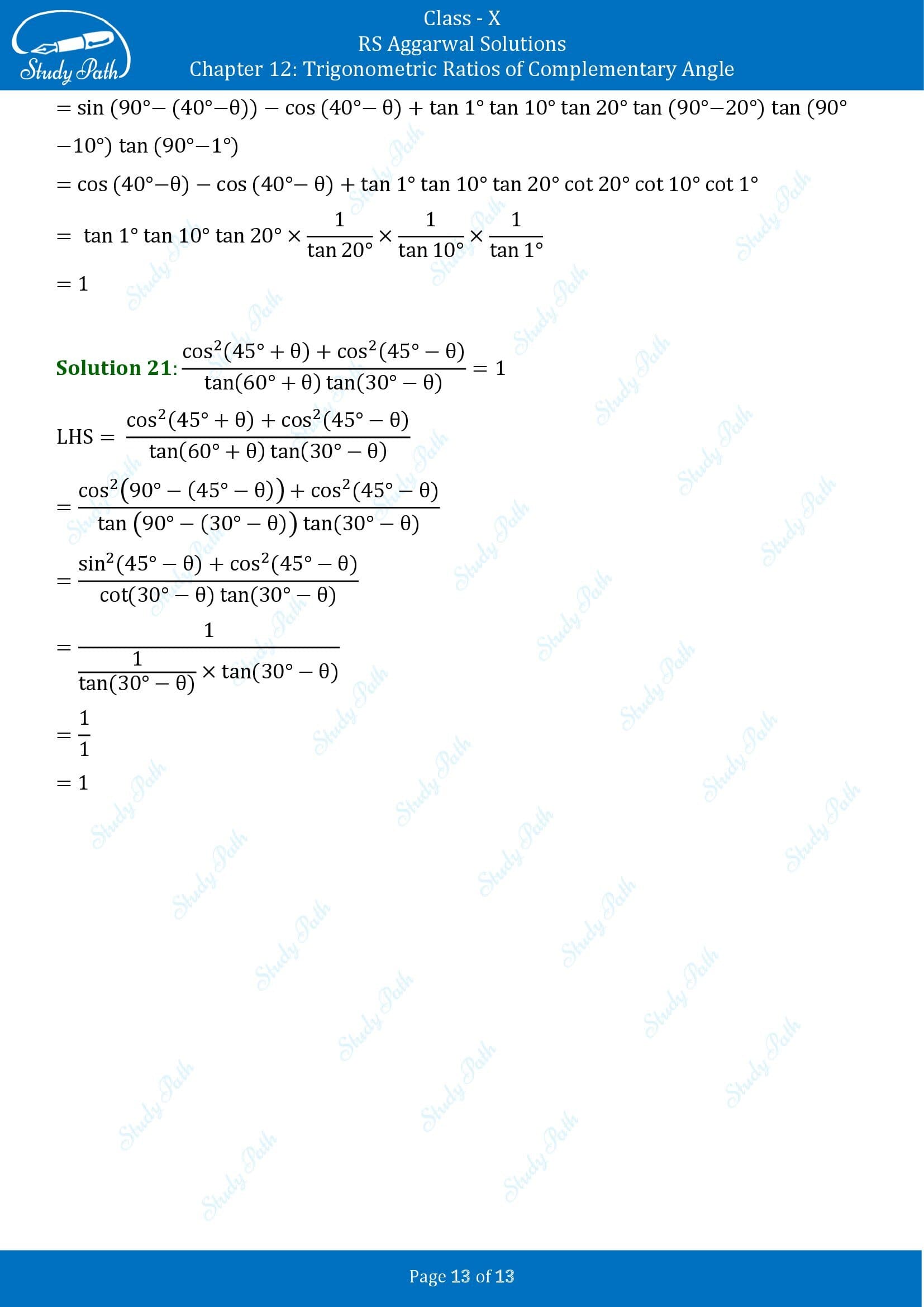 RS Aggarwal Solutions for Class 10 Chapter 12 Trigonometric Ratios of Some Complementary Angles Exercise 12 00013