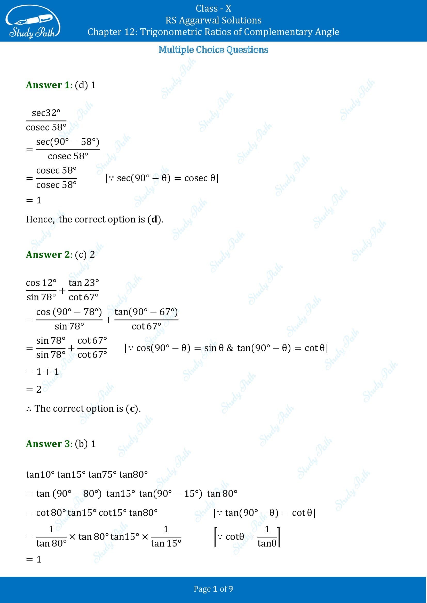 RS Aggarwal Solutions for Class 10 Chapter 12 Trigonometric Ratios of Some Complementary Angles Multiple Choice Questions 00001