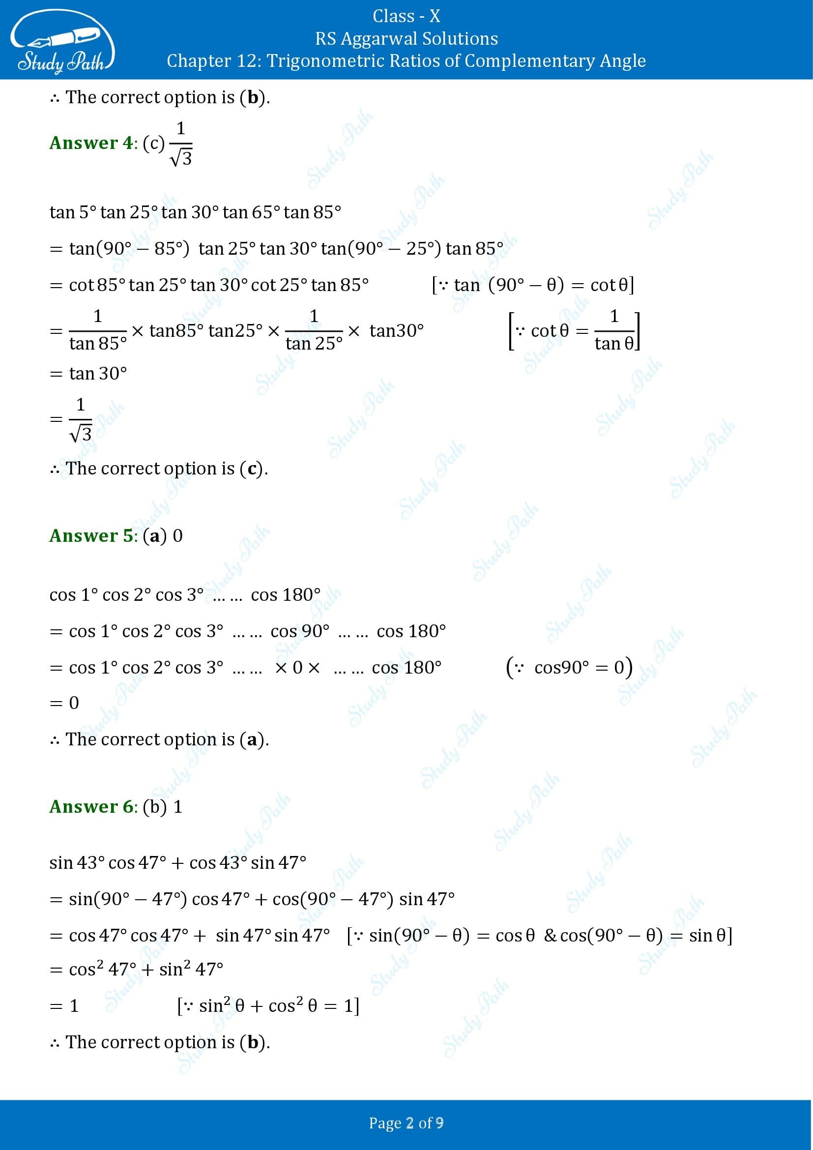 RS Aggarwal Solutions for Class 10 Chapter 12 Trigonometric Ratios of Some Complementary Angles Multiple Choice Questions 00002