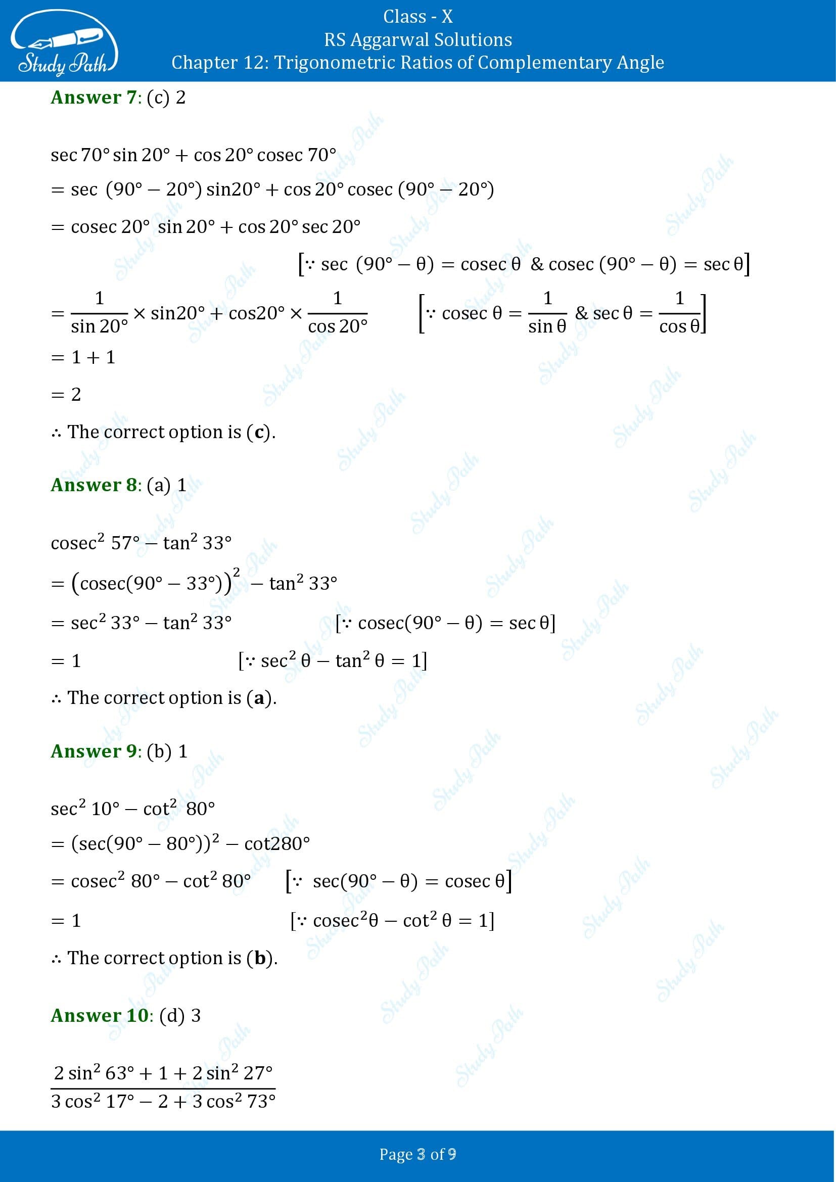 RS Aggarwal Solutions for Class 10 Chapter 12 Trigonometric Ratios of Some Complementary Angles Multiple Choice Questions 00003