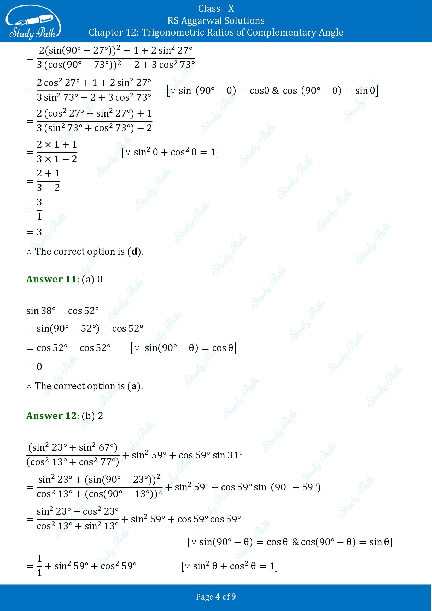 RS Aggarwal Solutions for Class 10 Chapter 12 Trigonometric Ratios of Some Complementary Angles Multiple Choice Questions 00004