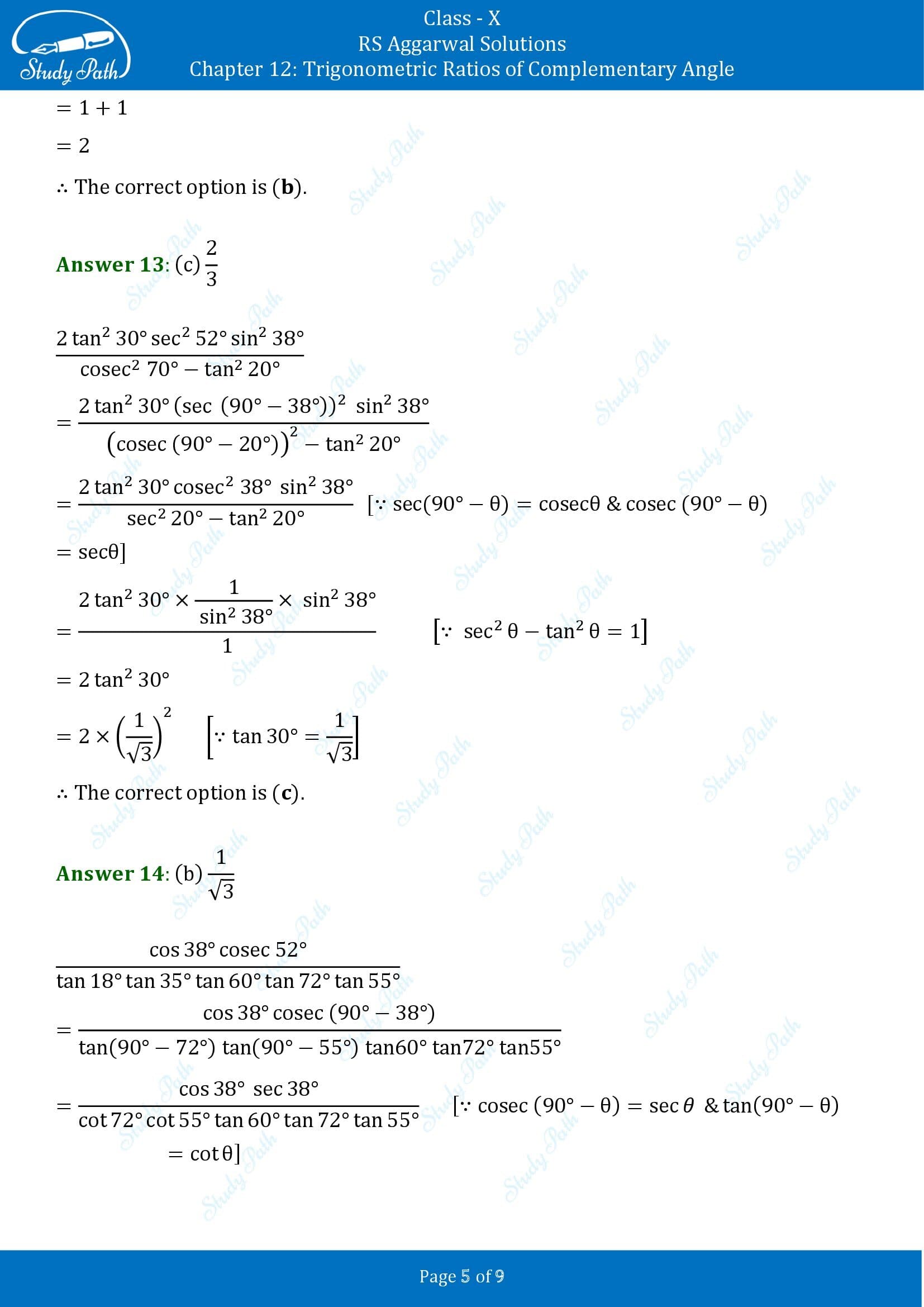 RS Aggarwal Solutions for Class 10 Chapter 12 Trigonometric Ratios of Some Complementary Angles Multiple Choice Questions 00005