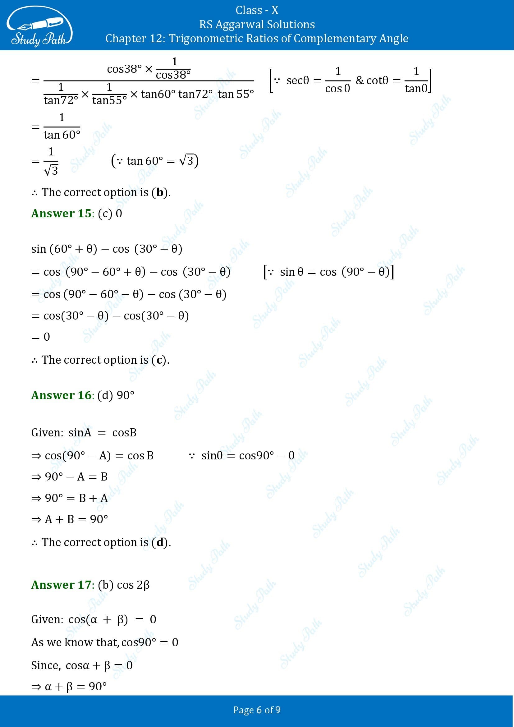 RS Aggarwal Solutions for Class 10 Chapter 12 Trigonometric Ratios of Some Complementary Angles Multiple Choice Questions 00006