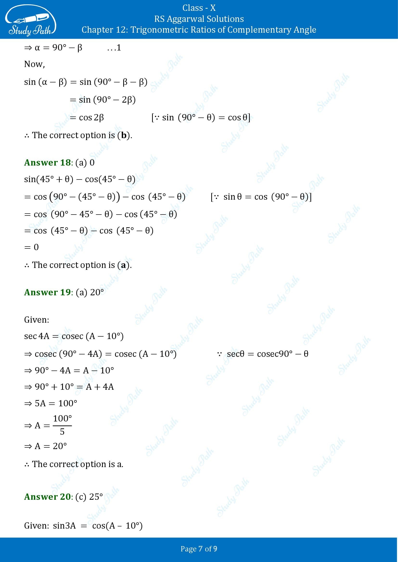 RS Aggarwal Solutions for Class 10 Chapter 12 Trigonometric Ratios of Some Complementary Angles Multiple Choice Questions 00007