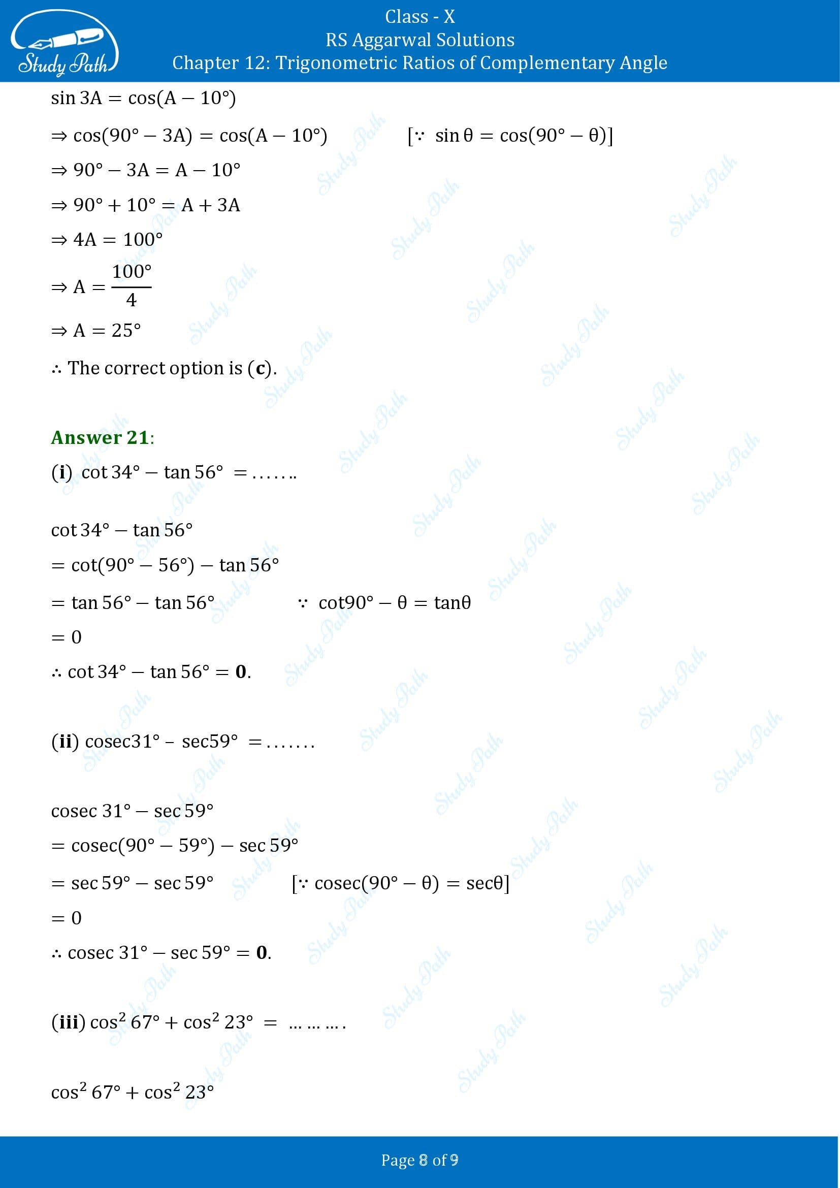 RS Aggarwal Solutions for Class 10 Chapter 12 Trigonometric Ratios of Some Complementary Angles Multiple Choice Questions 00008