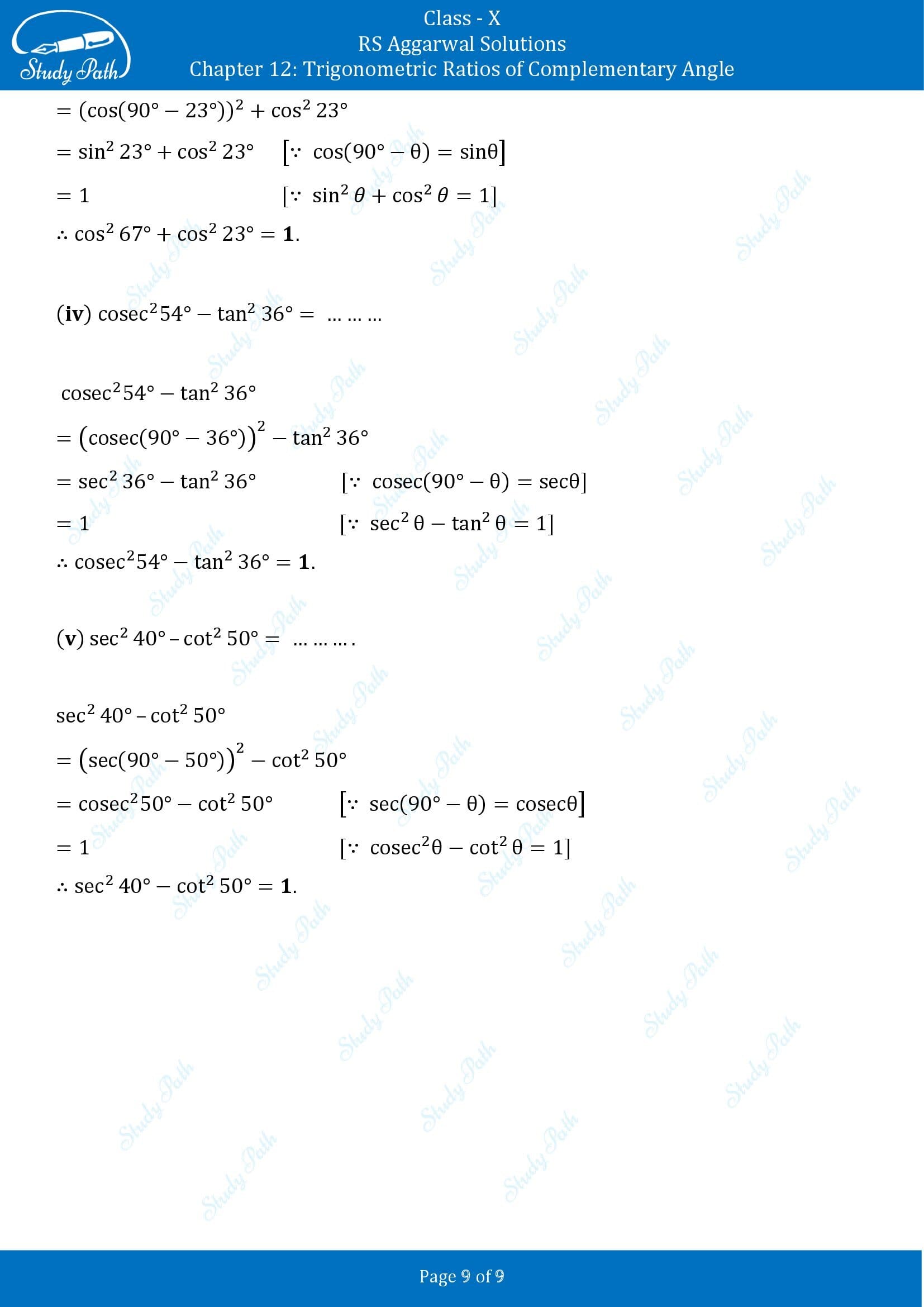 RS Aggarwal Solutions for Class 10 Chapter 12 Trigonometric Ratios of Some Complementary Angles Multiple Choice Questions 00009