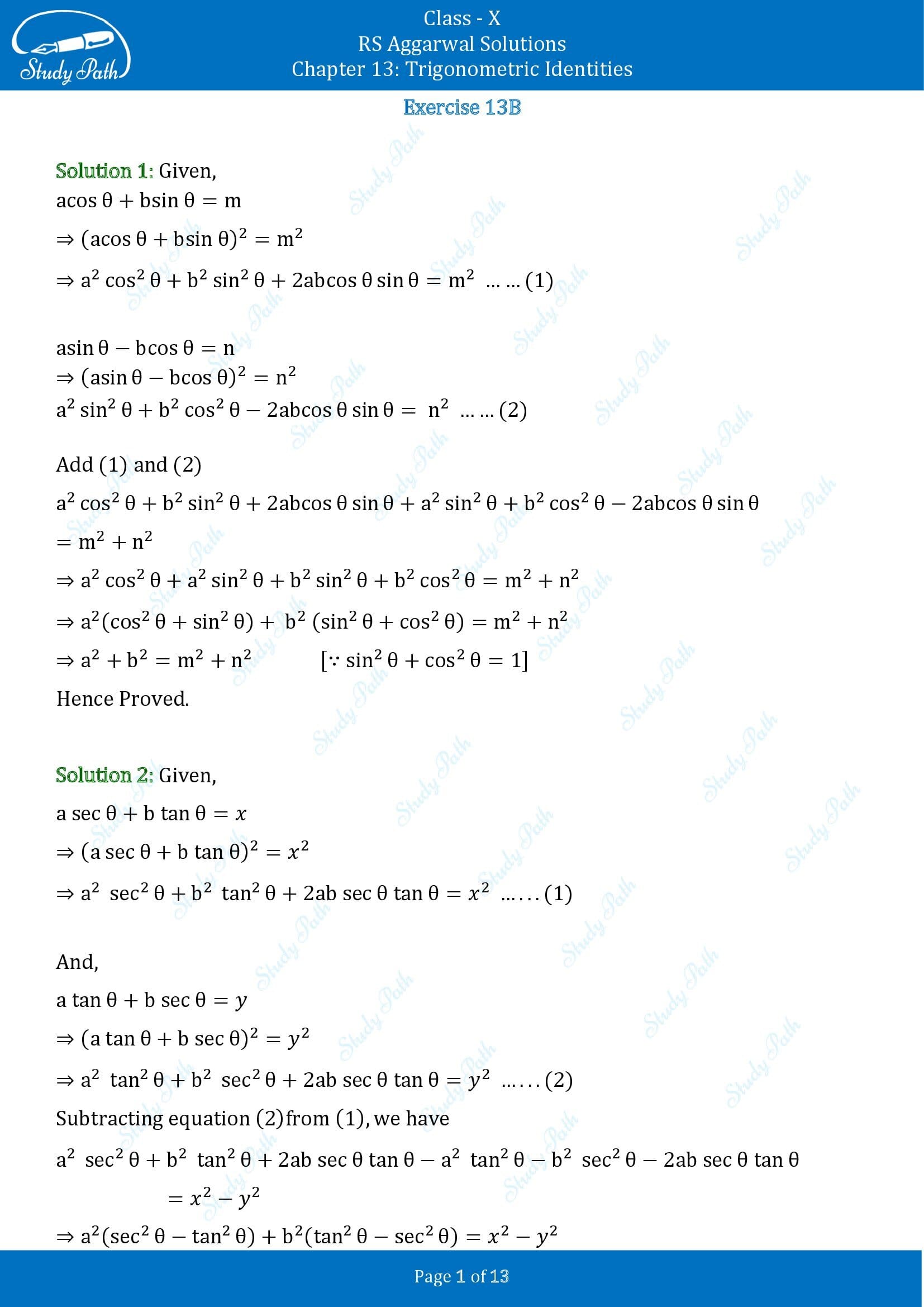 RS Aggarwal Solutions for Class 10 Chapter 13 Trigonometric Identities Exercise 13B 00001