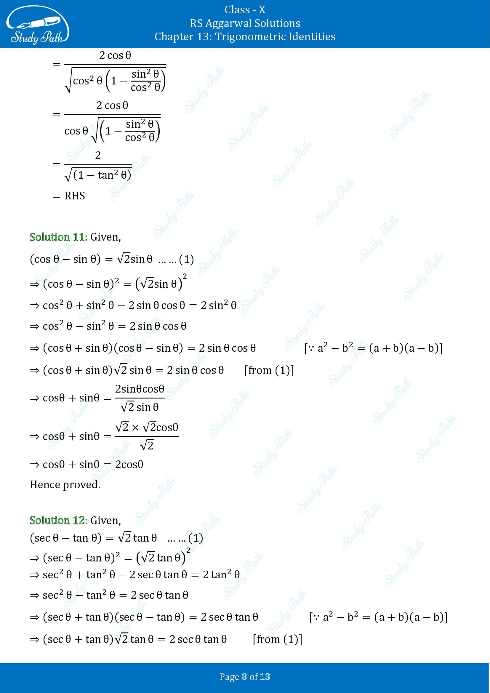 RS Aggarwal Solutions for Class 10 Chapter 13 Trigonometric Identities Exercise 13B 00008