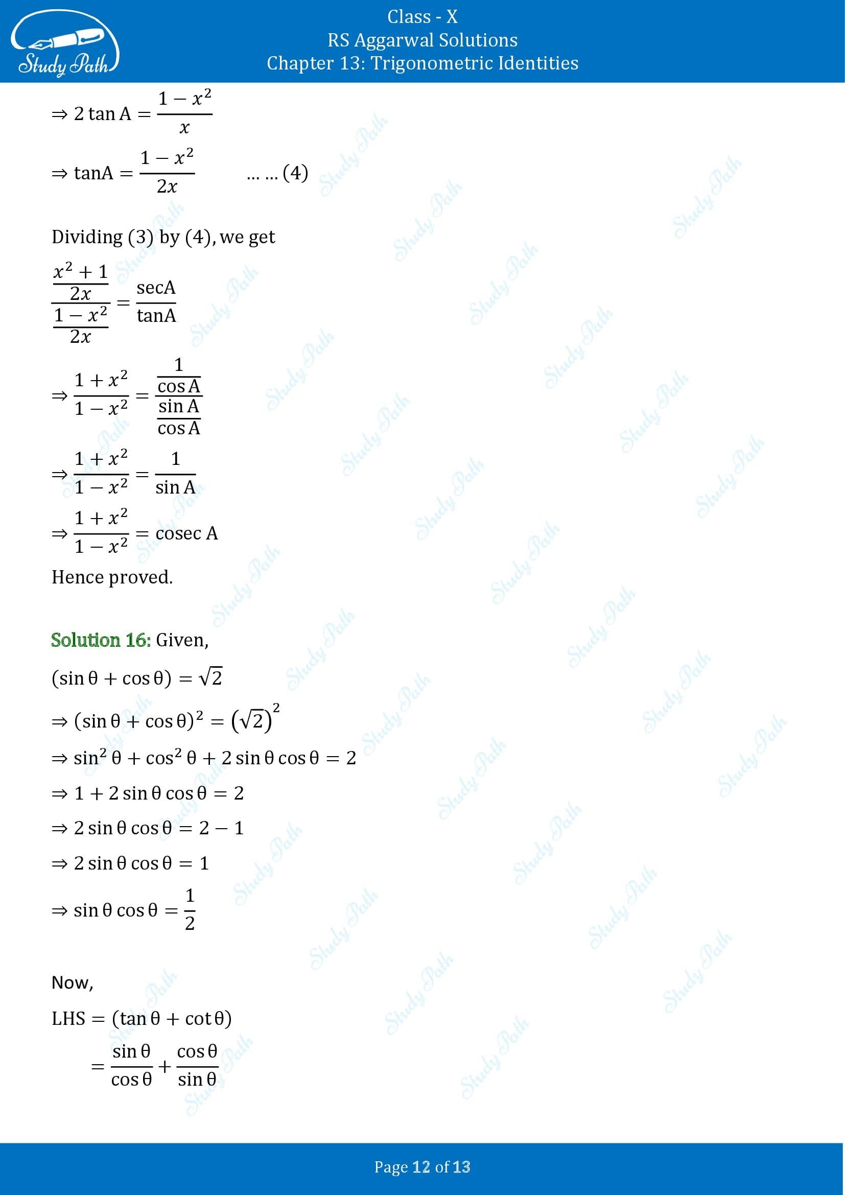 RS Aggarwal Solutions for Class 10 Chapter 13 Trigonometric Identities Exercise 13B 00012