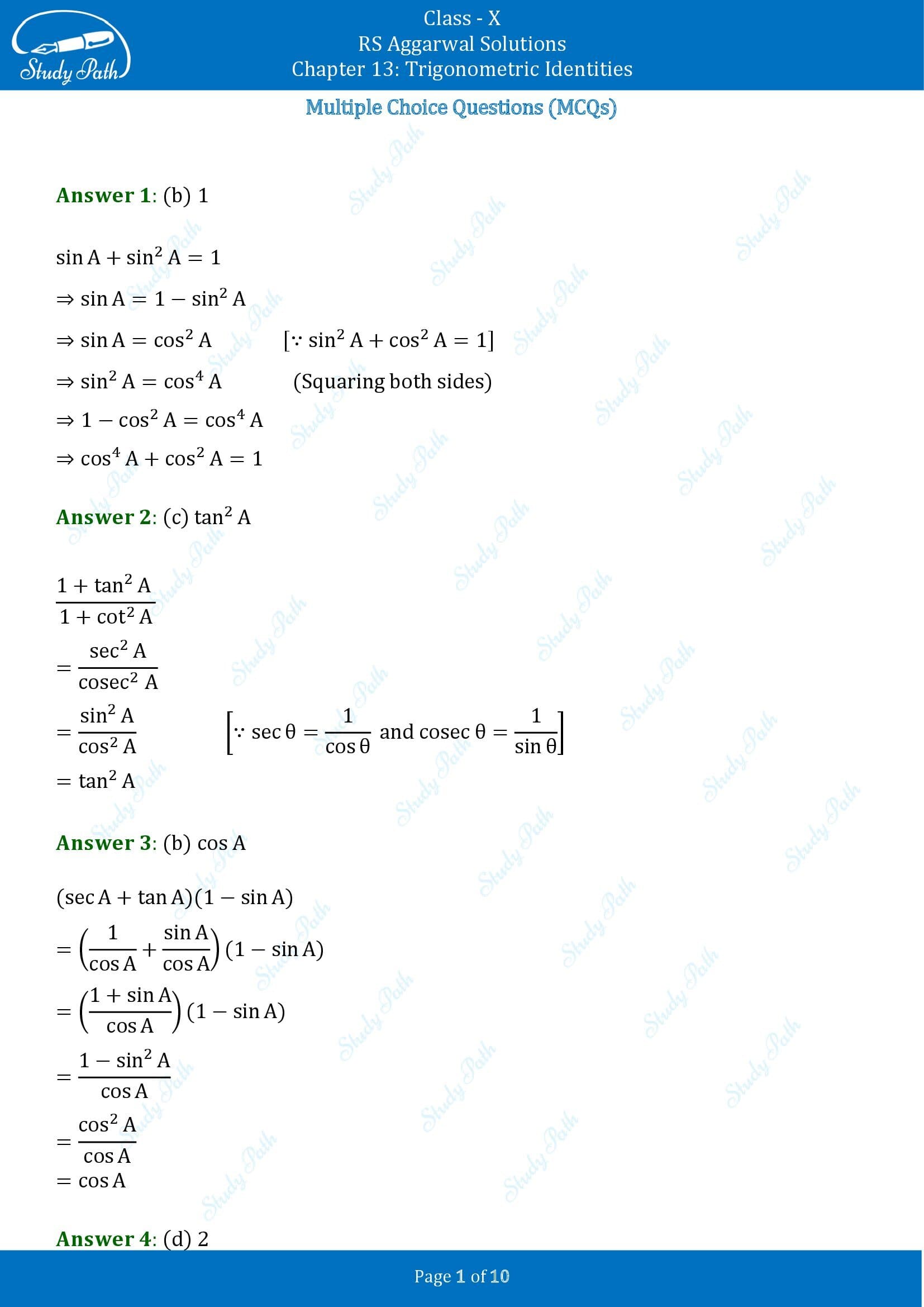 RS Aggarwal Solutions for Class 10 Chapter 13 Trigonometric Identities Multiple Choice Questions 00001