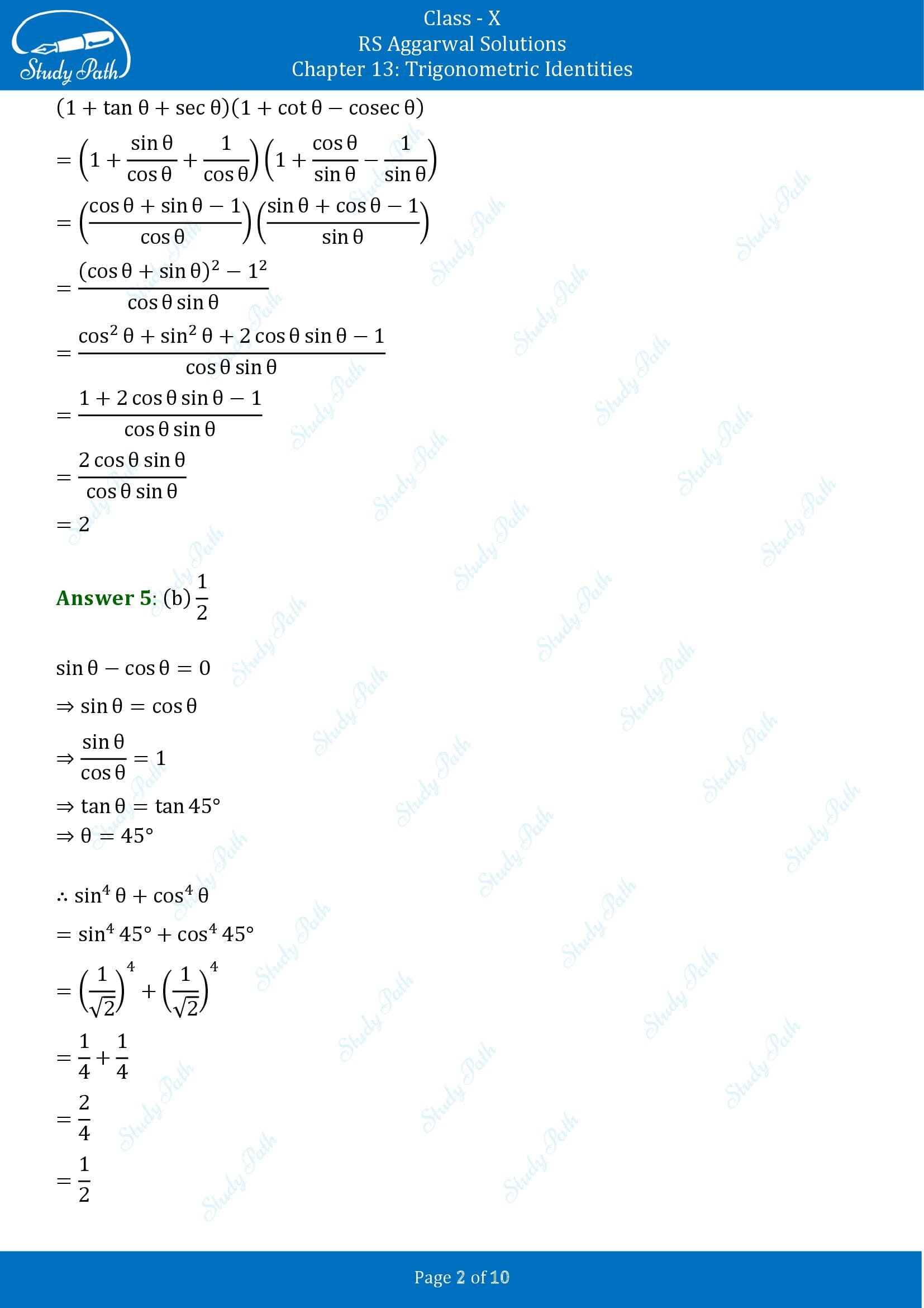 RS Aggarwal Solutions for Class 10 Chapter 13 Trigonometric Identities Multiple Choice Questions 00002