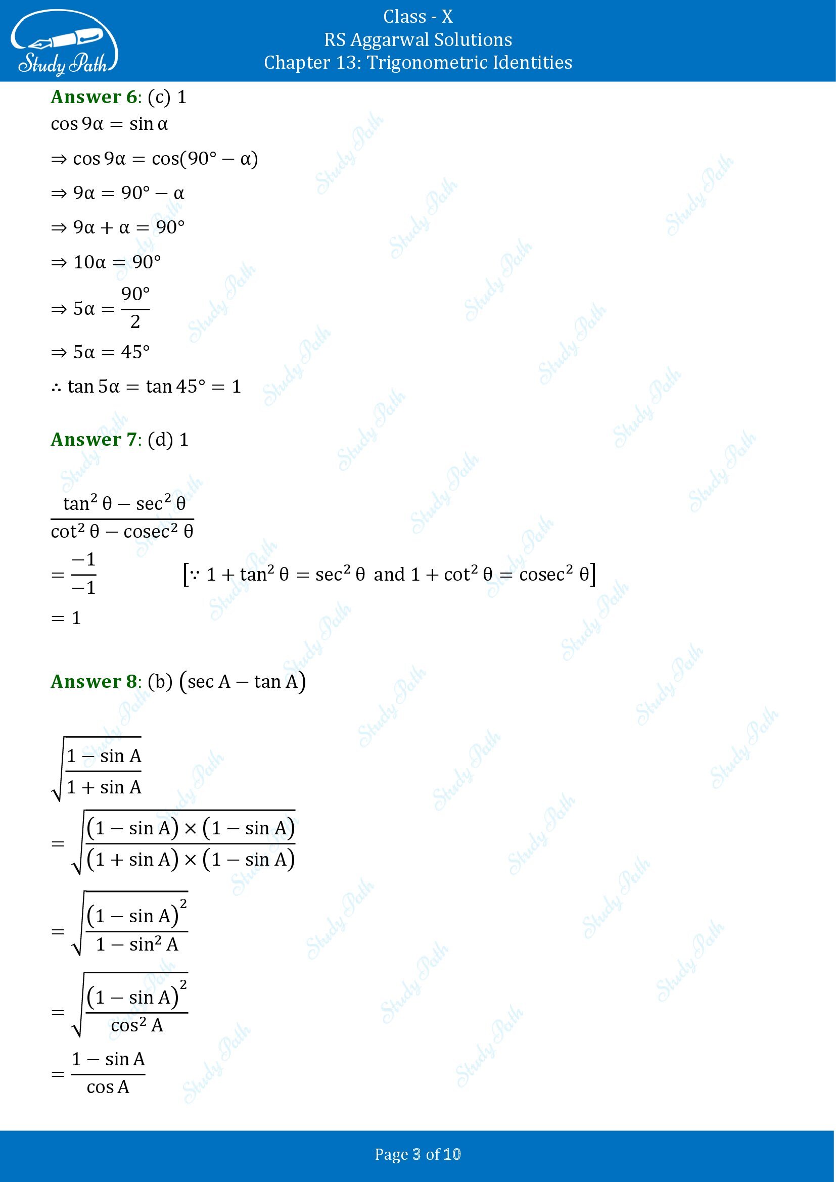 RS Aggarwal Solutions for Class 10 Chapter 13 Trigonometric Identities Multiple Choice Questions 00003