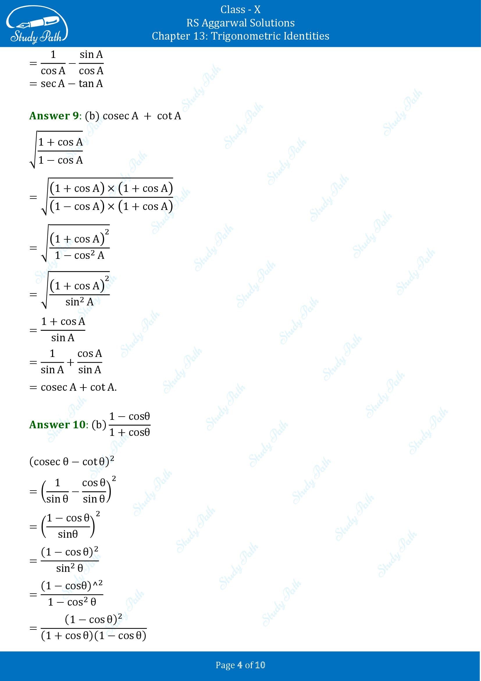 RS Aggarwal Solutions for Class 10 Chapter 13 Trigonometric Identities Multiple Choice Questions 00004