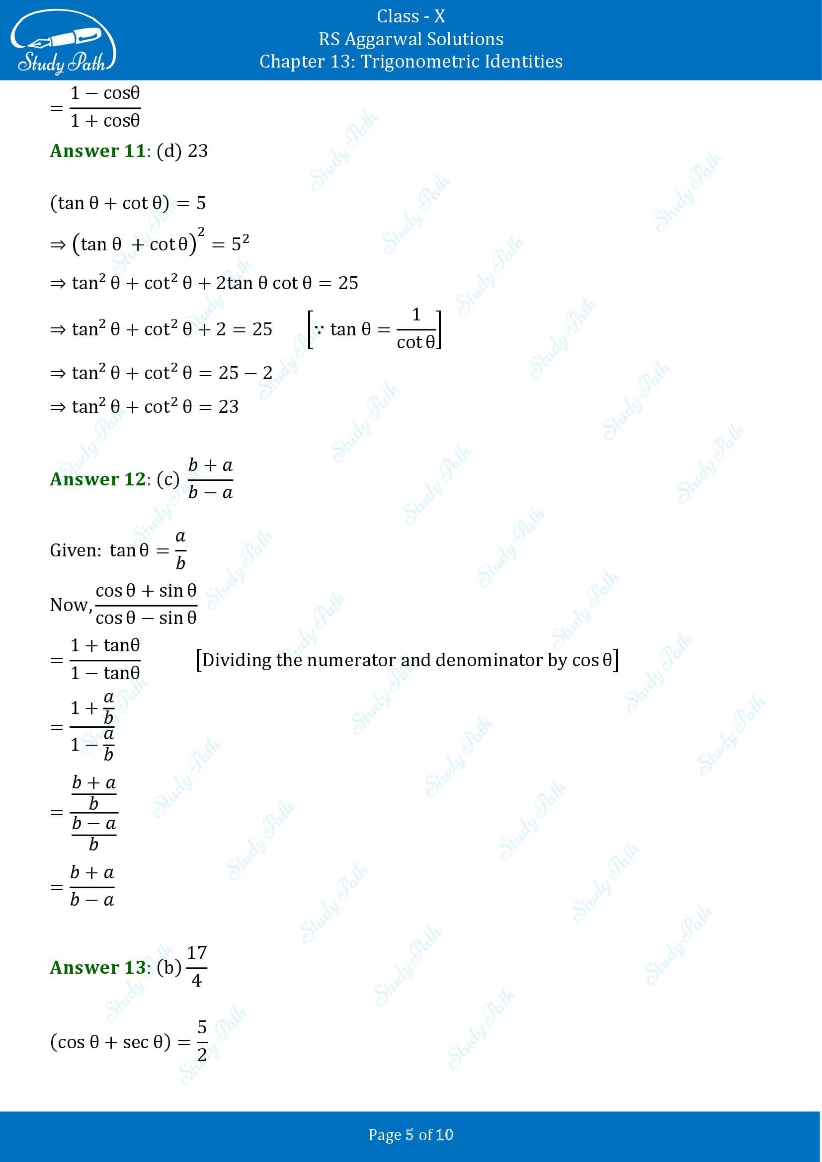 RS Aggarwal Solutions for Class 10 Chapter 13 Trigonometric Identities Multiple Choice Questions 00005